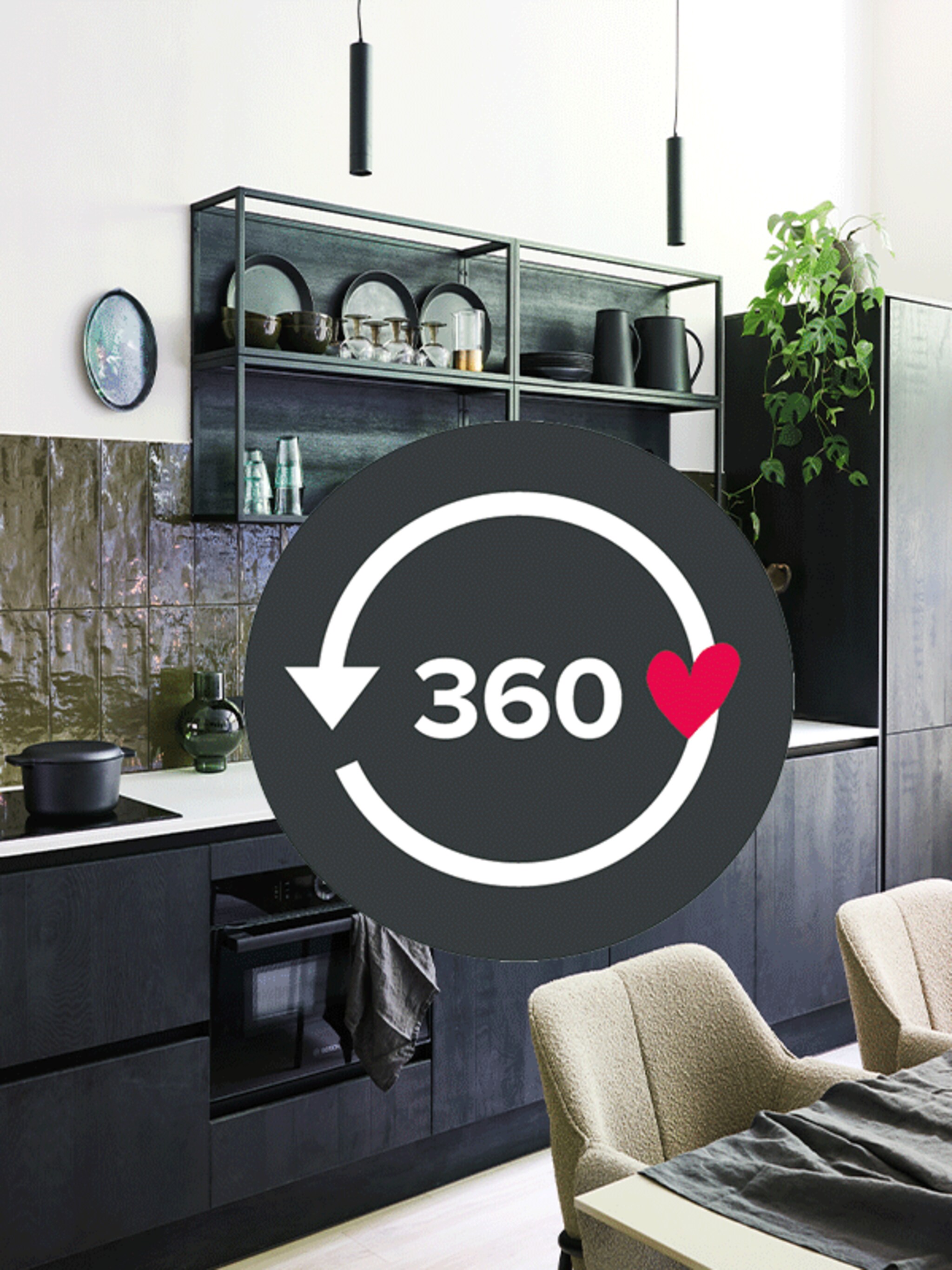 bekijk deze stoere keuken met mosgroene tegels en luxe keukenapparatuur in 360 graden