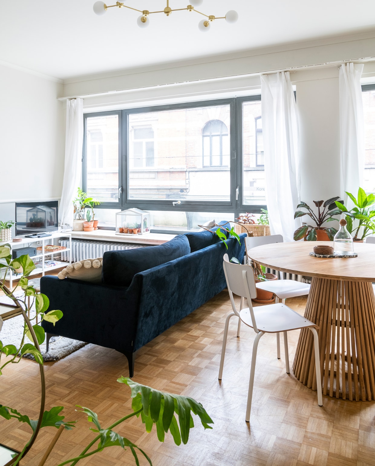 Blauwe bank Sofa Company, laag wit rek Ikea, speaker Sonos, serrekastje Ikea, rotan bloempot H&amp;M Home. Stoelen Perfecta, ronde tafel Fonq. Planten Broese. Overig onbekend. vtwonen 09-2022 | Fotografie Jonah Samyn