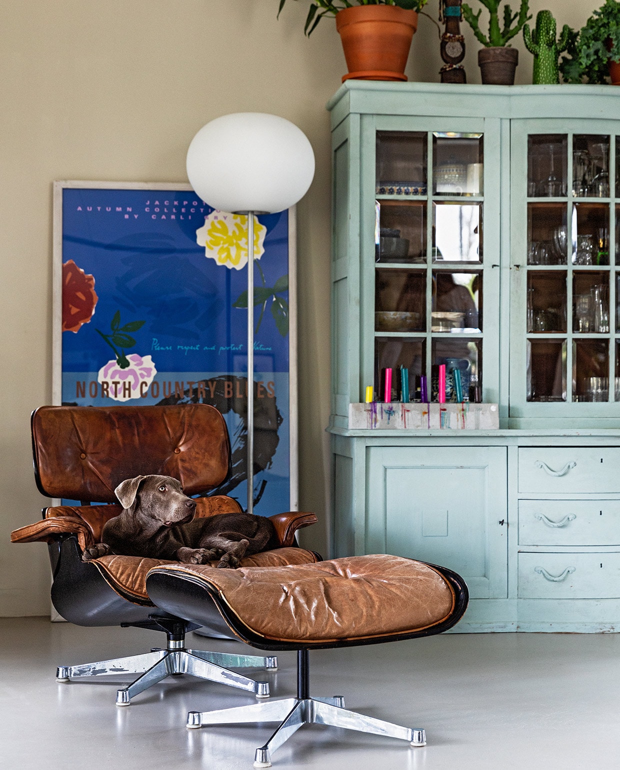 Eames Lounge Chair van Vitra met daarin hond Soof. Vloerlamp Flos. Poster Helle Heiberg &amp; Joel Anderson. Eikenhouten kast van de opa van Michiel, geschilderd in Svenska Blue van Annie Sloan. Erop onder meer een monstera (gatenplant). Muurverf Shaded White van Farrow &amp; Ball. Overig herkomst onbekend. vtwonen 07-2021 | styling Ilona Jongepier | fotografie Dana van Leeuwen