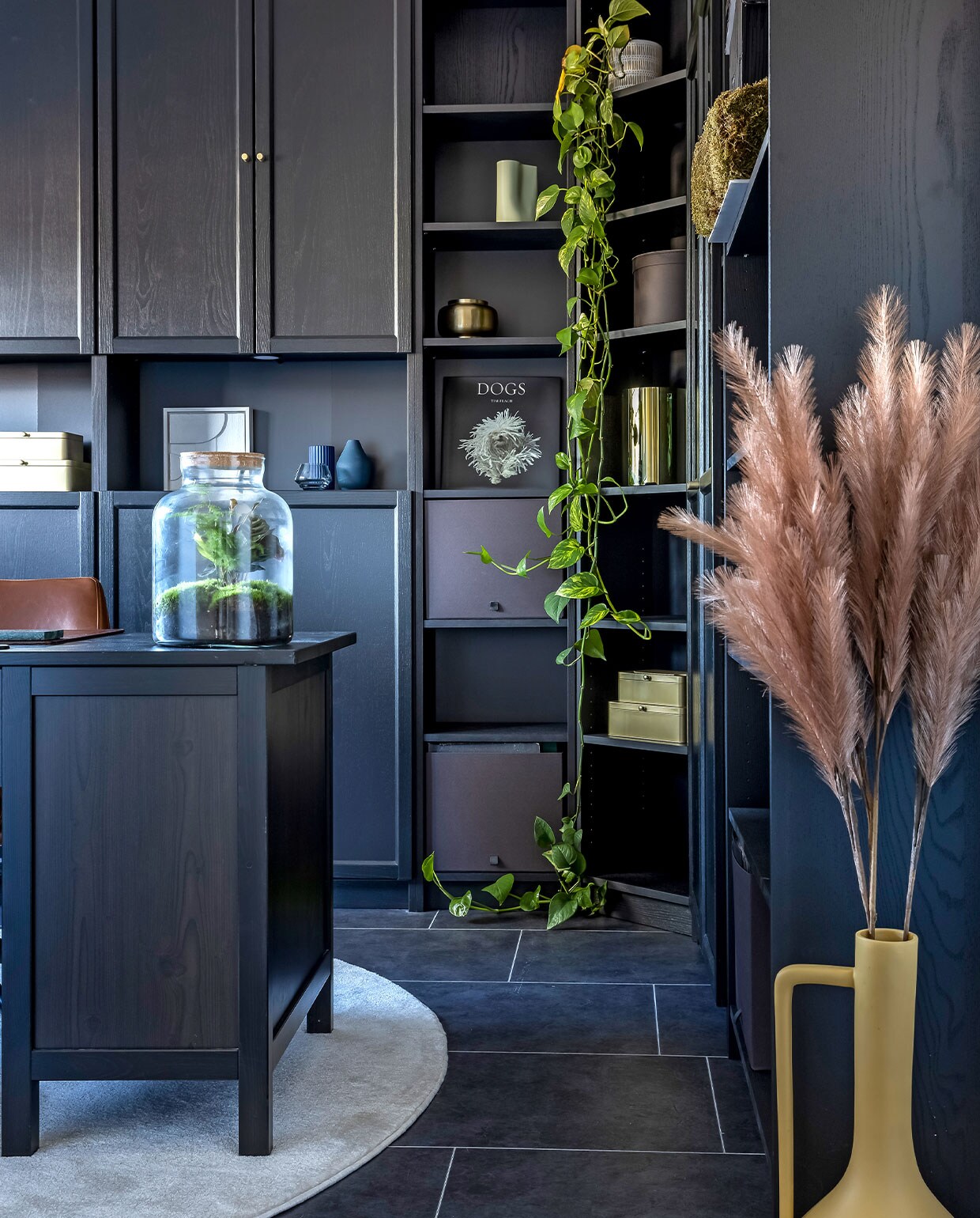 Wandkasten en bureau Ikea. Vergelijkbare kurktegels Praxis. Plant in fles Growing Concepts. Dozen (zelf goud gespoten) Ikea. Boek Dogs H&amp;M Home. Blauwe vaasjes Westwing. Gele vaas vooraan Kwantum. Overig onbekend. vtwonen 5-2022 | styling Niki Vanhoof | fotografie Henny van Belkom