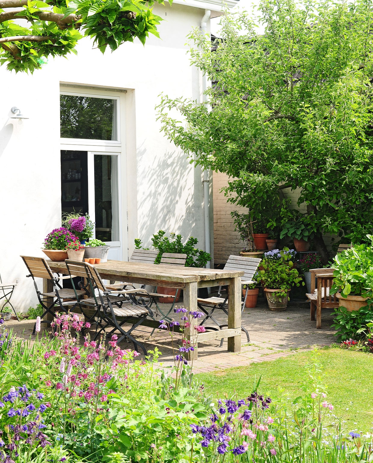 Bas maakte de tuintafel zelf. De stoelen zijn al zo lang in hun bezit dat Miriam de herkomst niet meer weet. Op tafel onder meer basilicum en violen. Tegen de schutting staat een appelboom, de blauwe potplant ervoor is een hortensia. NEE | vtwonen TUIN special 04 | fotografie Sietske de Vries | tekst Eveline Stoel