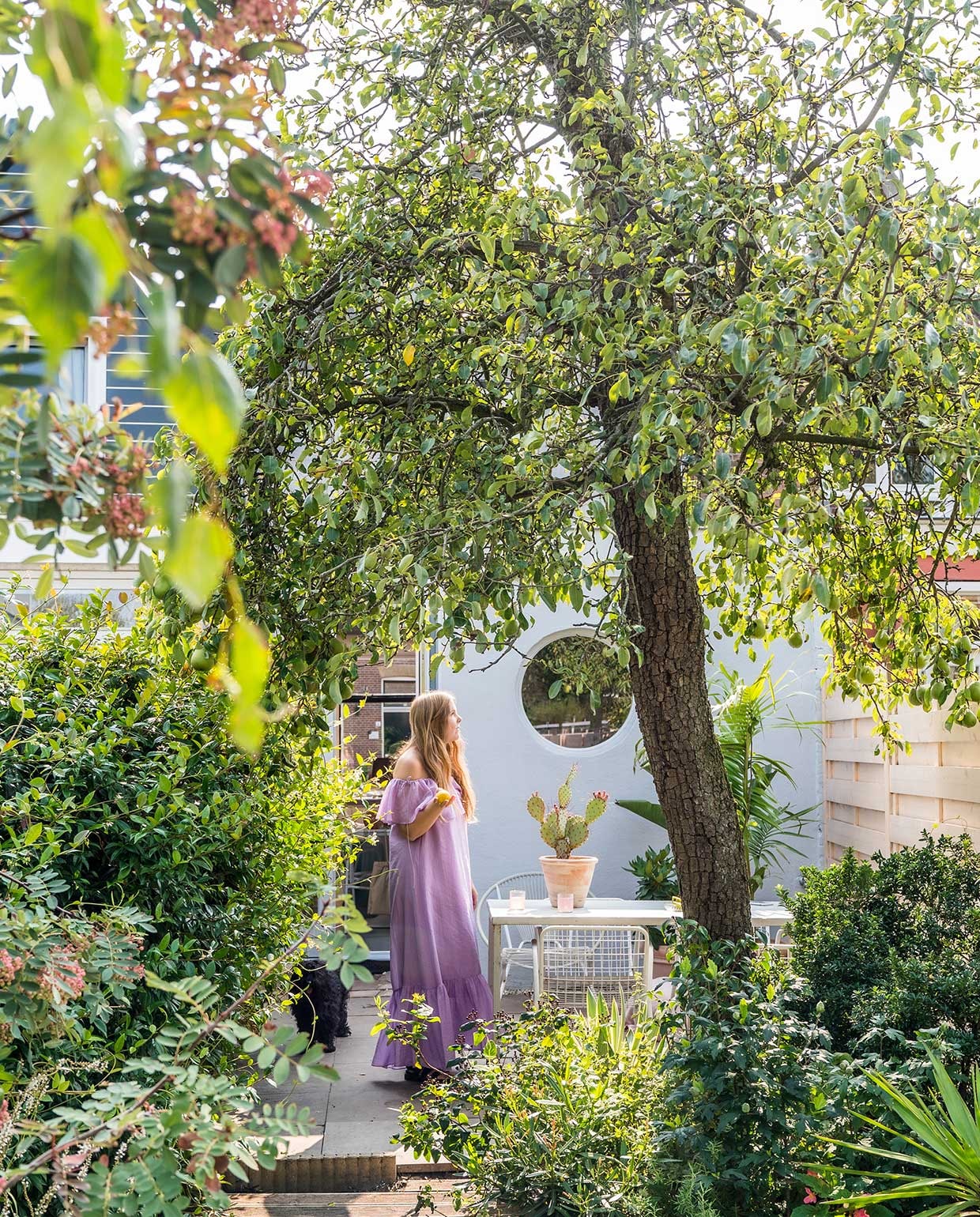 Buitenmuurverf Magnesium Gamma. Tuintafel en vintage draadstoelen Marktplaats. vtwonen special tiny houses 03-2021 | fotografie Muk van Lil | tekst Caroline Westdijk