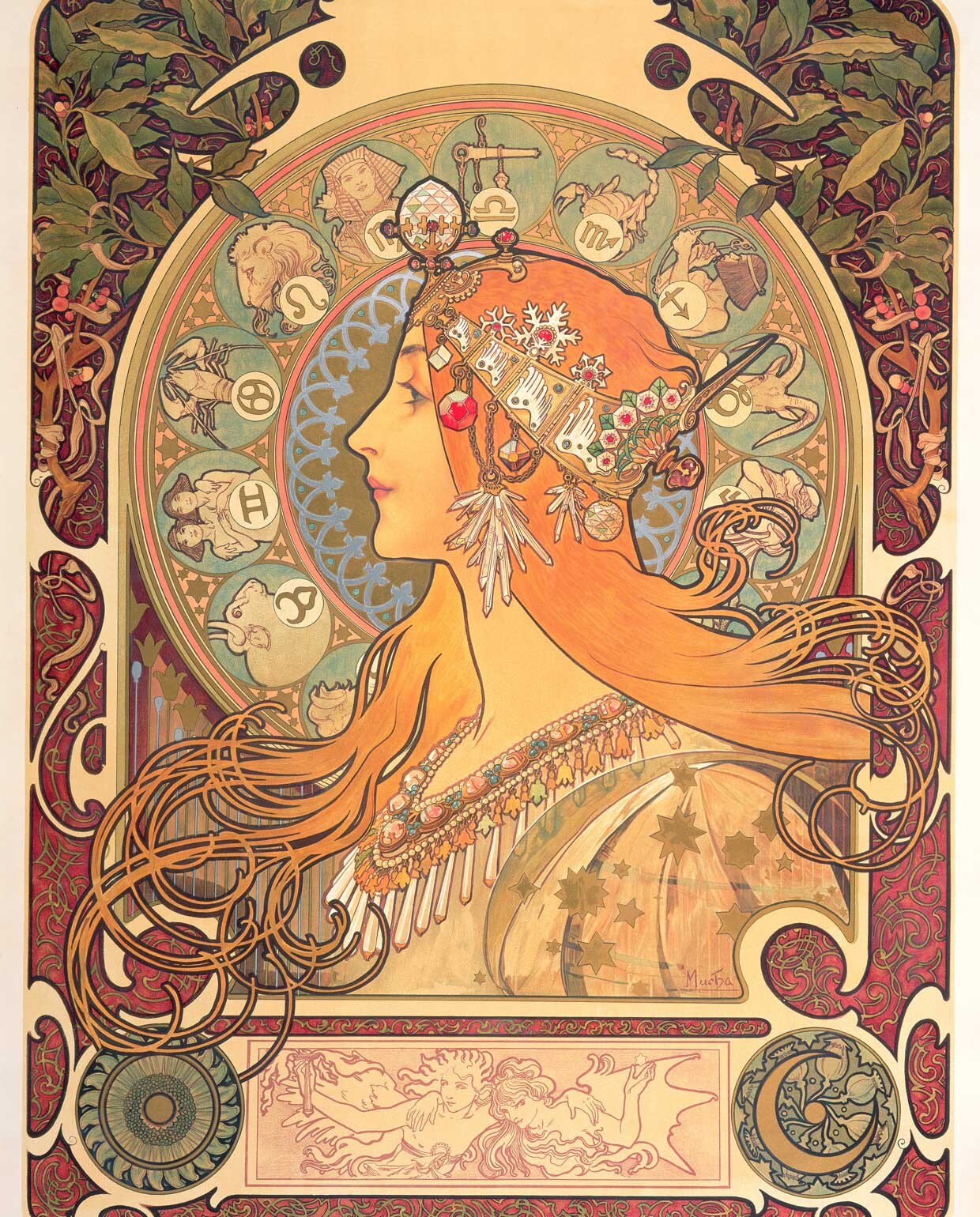 Alphonse Mucha, Zodiac, 1896, kleurenlithografie. Copyright © 2021 Mucha Trust
