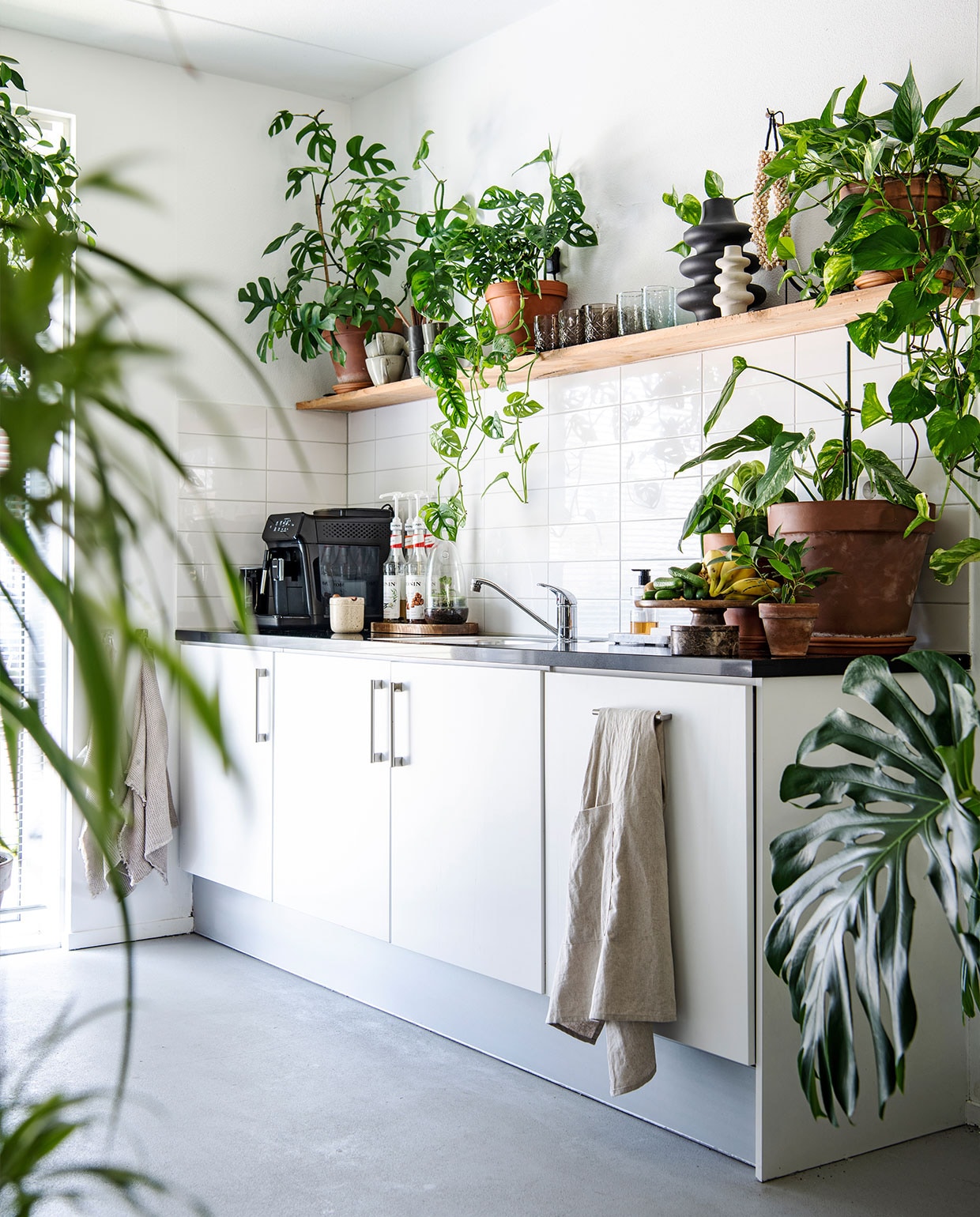 Aanrechtkasten onbekend. Plantenpotten Intratuin, plank tweedehands. Vazen, potten, marmeren bak, houten schaal H&amp;M Home. Planten: Ficus Benjamina Exotica, Monstera Minima, Monstera Adansonii, Scindapsus Marble Queen, Monstera Variegata, Monstera Deliciosa. vtwonen 3-2022 | productie Insidehomepage | styling Esther Jostmeijer | fotografie Louis Lemaire