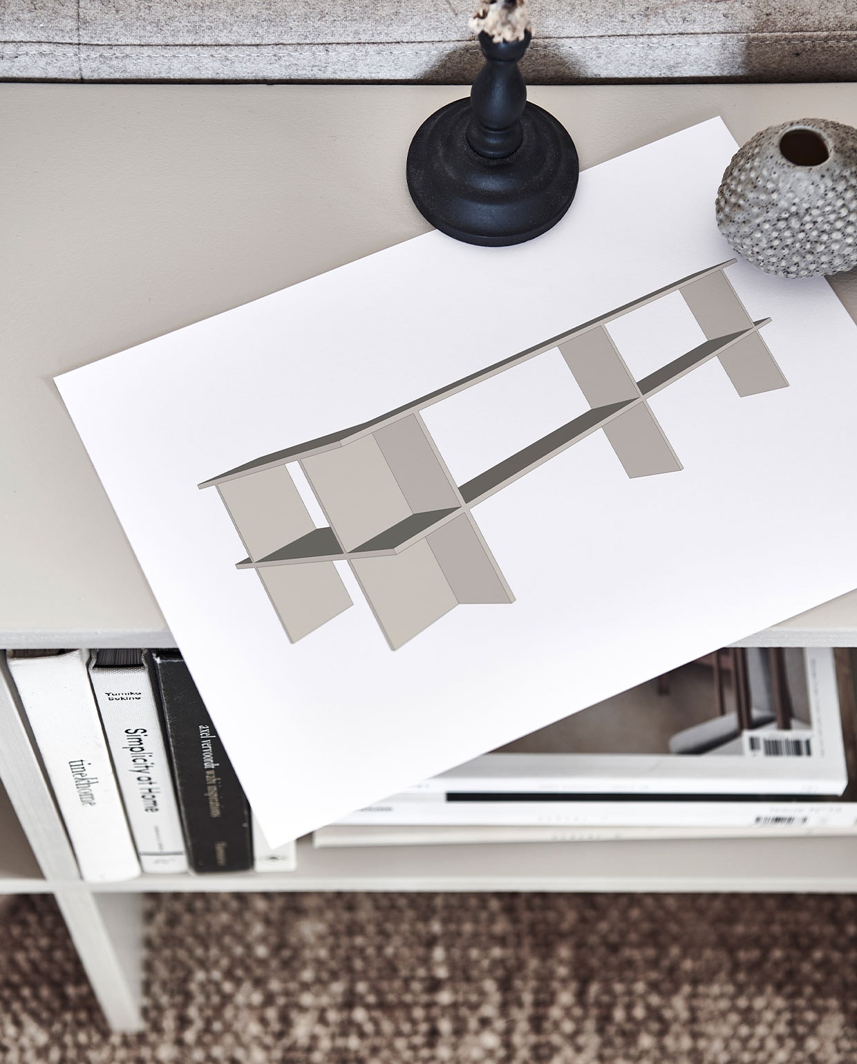 Ruime driezitsbank Cube in stof facet kiezel € 3610,- (studio-henk.nl). Juten vloerkleed, 300×400 cm € 599,-. Overig privébezit. styling Kim van rossenberg | uitvoering Richard van Meerveld | fotografie Sjoerd Eickmans