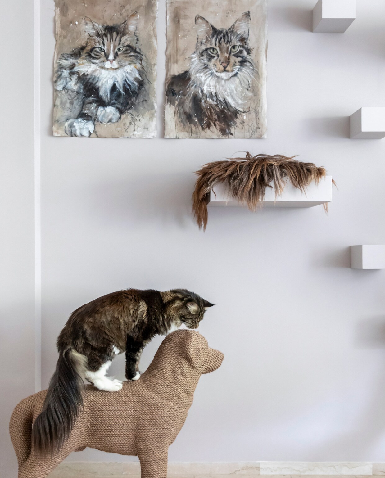 Kleur op maat gemaakte wandplanken Cosmic Glory Flexa. Kunst aan de muur katten Ella Scholten. Krabpaal hond ontwerp door Erik Stehmann Lord Lou. Vilten vachten en bal Vacht van Vilt. Weer verliefd op je huis aflevering 4 seizoen 13 | styling Marianne Luning | fotografie Margriet Hoekstra