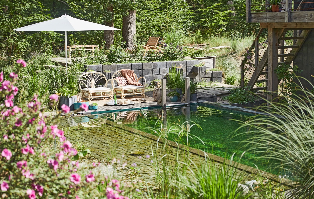 Gele lissen zuiveren het water van de zwemvijver. vtwonen TUIN 3 - 2021 | styling Fietje Bruijn | fotografie Alexander van Berge