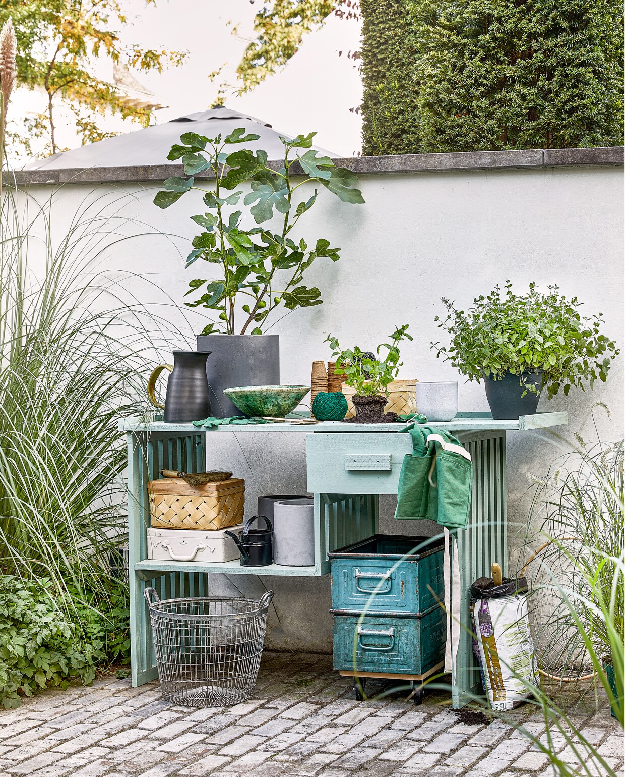Hoge antracietkleurige cementpot Cilindro € 24,99, klos groen kokostouw € 4,99, klos zwart bindbuis € 4,49, biologisch afbreekbare kweekpotjes € 2,89 per 18 stuks, grijze cilinder plantenpot € 4,99, zak potgrond € 1,99, draadschaal € 24,50 (intratuin.nl). Keramieken gieter € 40,99 (vtwonen.nl). Tuinhandschoenen € 4,95, handschepje € 4,95, handveger € 15,95, zwarte gieter € 7,95, tuinschort € 14,95 (dille-kamille.nl).Schaal € 22,50 (householdhardware.com). Palmblad mandjes € 5,78 per set (sostrenegrene.com). Witte kist € 12,50 (vandijkenko.nl). Meubeltransporter € 9,99 (gamma.nl). Tuinspecial 03 | productie Corrien Flohil | uitvoering Johan Snoodijk | styling Moniek Visser | fotografie Peggy Janssen\n\n