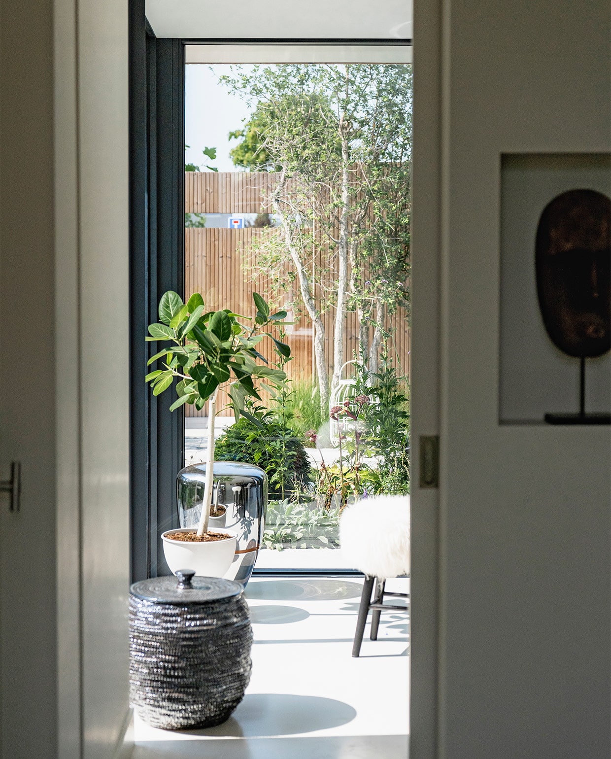 Plant Ficu. Mand Loft. Ornament rechts bovenin en poef Pols Potten. vtwonen 08-2021 | fotografie Muk van Lil | tekst Laura Zuidema