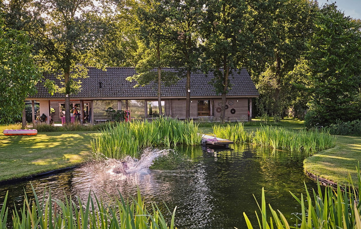 Gele lissen zuiveren het water van de zwemvijver. vtwonen tuin special 3 2021 | styling Carolien Schrievers | fotografie\nRené van der Hulst | \n\nvtwonen tuin special 3 2021 | de zwemvijver in de tuin met uitzicht op het huis