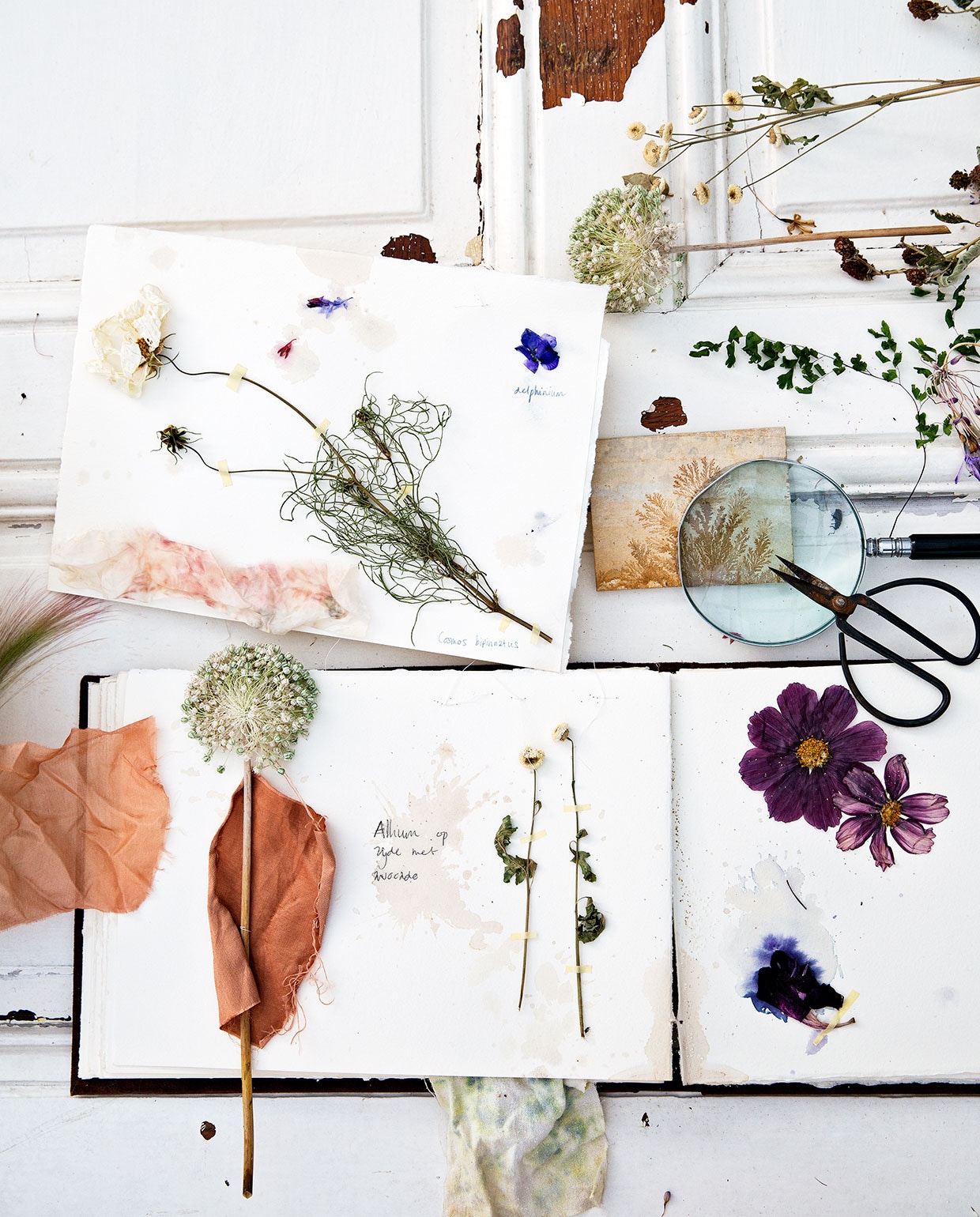 Papier (vlieger.nl). Schaar. Oud vergrootglas (marktplaats.nl). Oude deur gebruikt als tafel (burbri.nl). vtwonen 04-2018 | stylist Marianne Luning | fotografie Fiona Ruhe