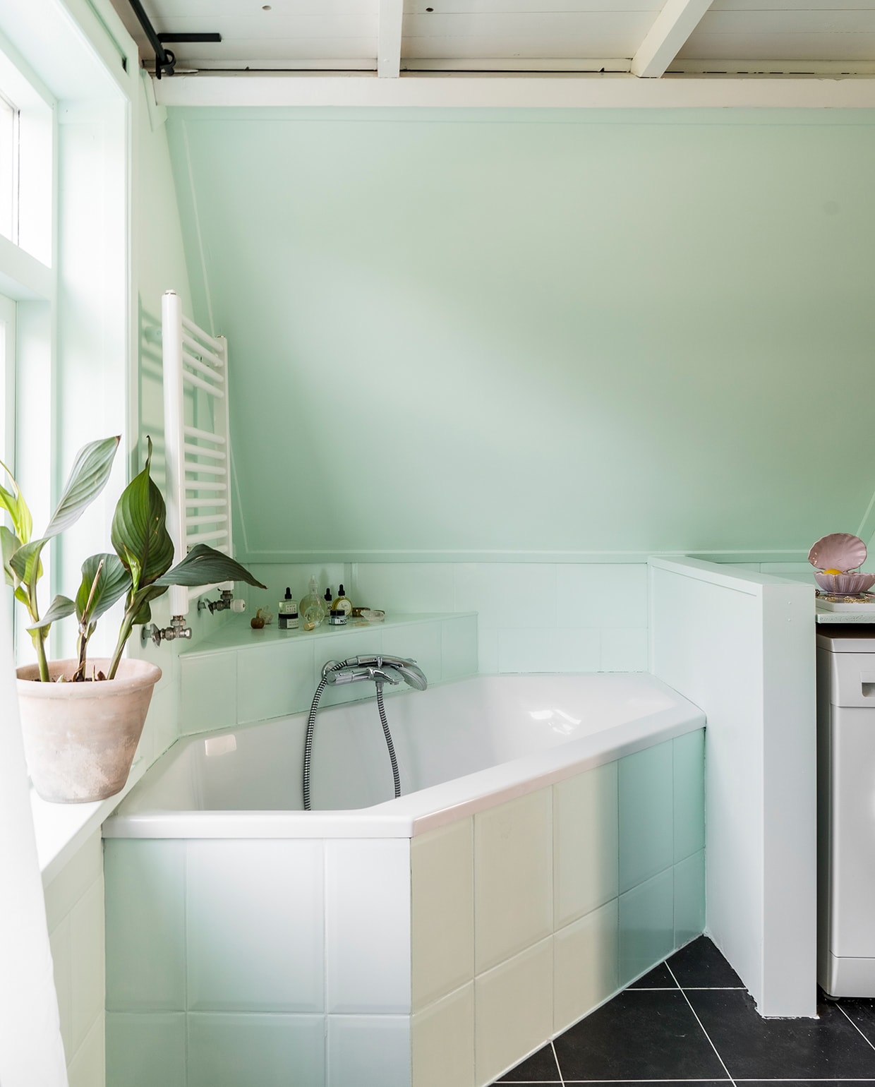 Muurverf Savooie Gamma. Voorde tegels is deze kleur gemengd met tegelverf van Histor. Plantenpot tuincentrum. Beautyproductenby-rogue.com. vtwonen special tiny houses 03-2021 | fotografie Muk van Lil | tekst Caroline Westdijk