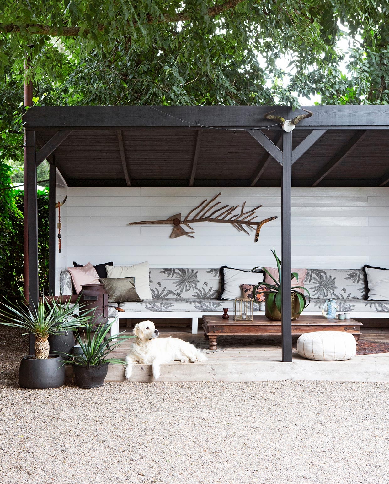 Veranda zelfgemaakt. Verf Raaf Histor en Signaalwit Histor. Bank zelfgemaakt. Kussens matrassen van Ikea bekleed met stof Kwantum. Perzisch tapijt, koperen ketels, tafel, gouden plantenbak, potkachel Marktplaats. Vloerkleed zwart met beige Goods4Home. Rubberen manden Loods 5. Stoel Ibiza Outdoor. Poef beurs vtwonen. Grote kussens H&amp;M Home. Kleine kussens Wehkamp. Hoorn Goods4Home. Ketting rommelmarkt. Object boven bank zelfgemaakt van takken, boemerang en zaag. Bruine vaas HKliving. Windlicht Sissy-Boy Homeland.Viskaraf gekocht in Griekenland. Mokken Wehkamp. Kandelaar uit ouderlijk huis meegenomen. vtwonen 06-2021 | styling Liesbeth Visschedijk | fotografie Jeltje Janmaat