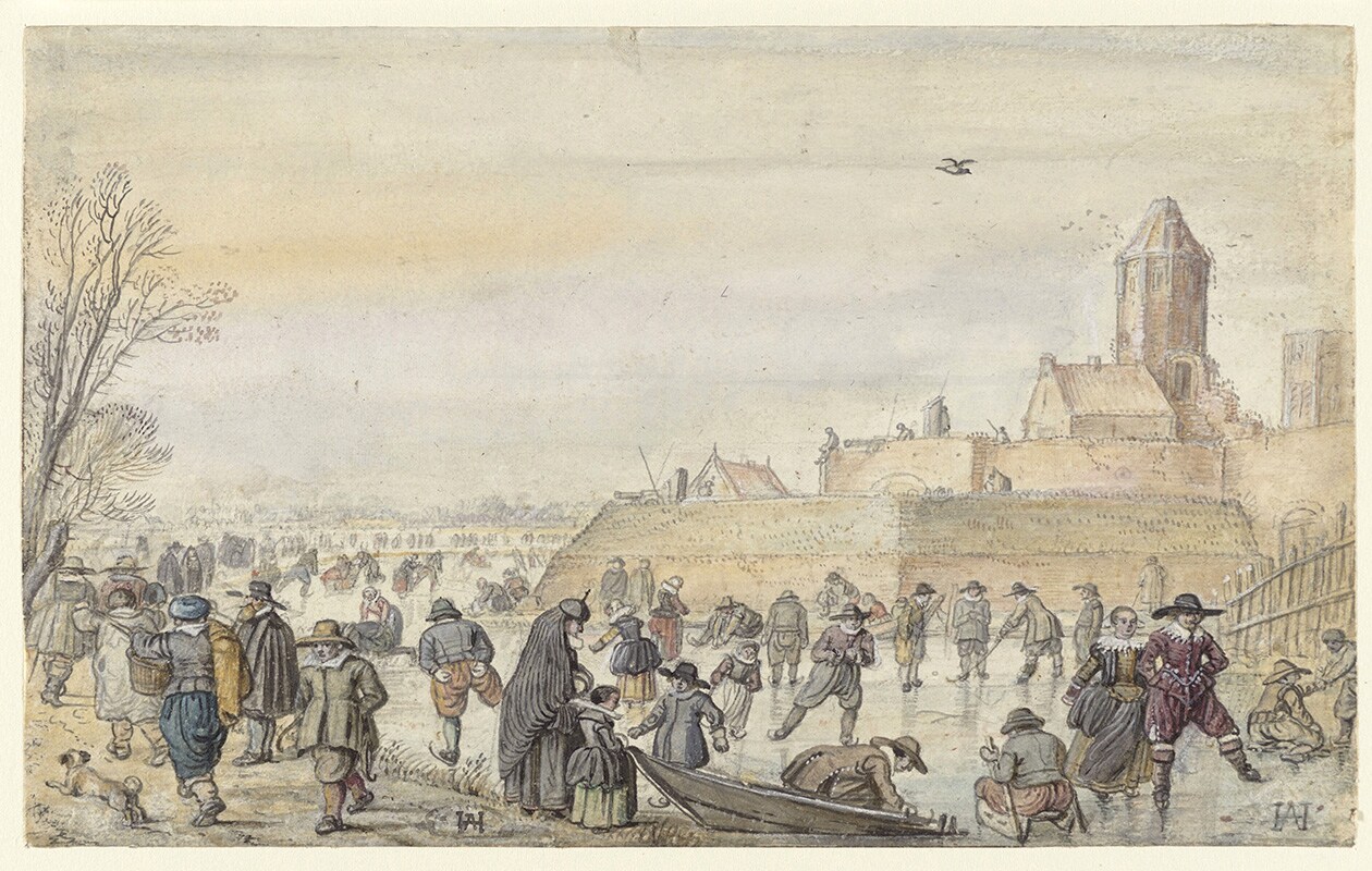 IJsvermaak op de stadsgracht bij de Kalverhekkenpoort te Kampen (ca. 1607) van Hendrick Avercamp. Uit de Rijks Studio collectie. Als IXXI-wandecoratie 140×80 cm