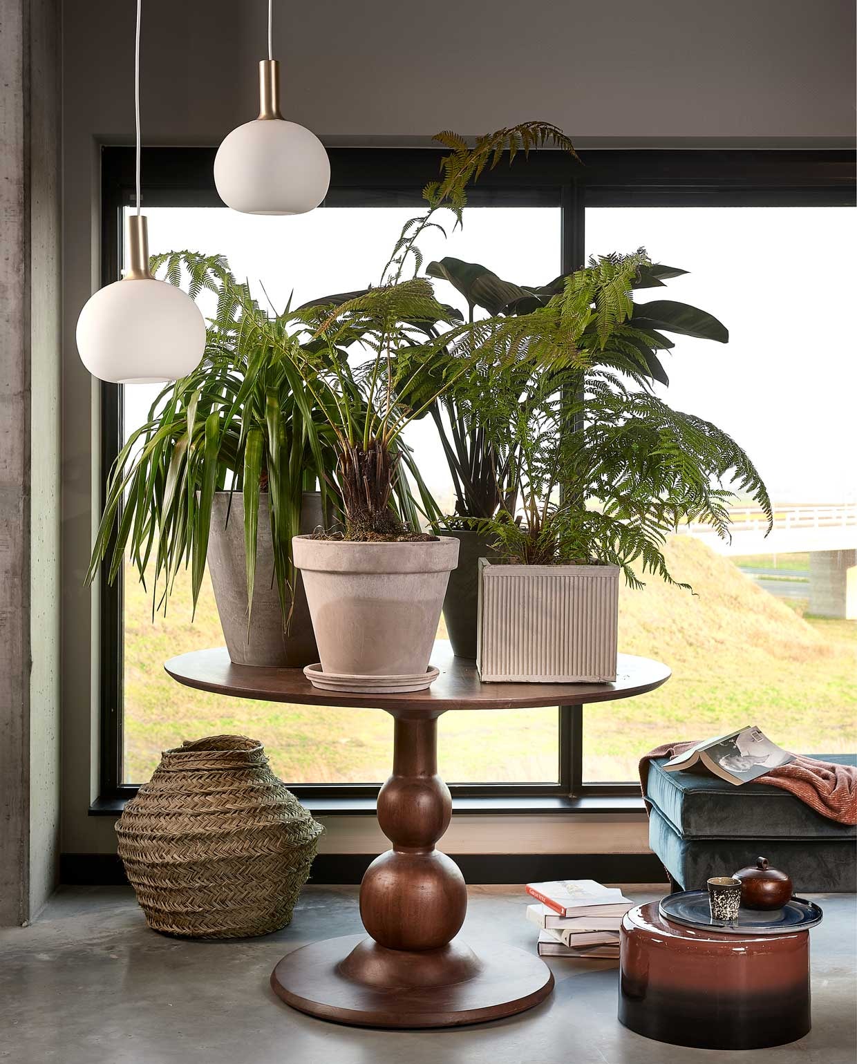 Tafel Blanco, 120×75 cm (Øxh) € 599,-, hocker Rodeo € 229,- (basiclabel.nl). Mand Essaouira € 59,- (householdhardware.nl). Kruk Fading van vtwonen € 69,95, keramisch dienblad van Serax € 99,-, mok 70’s van HKliving, per 6 € 34,95, plaid Gusta € 15,45 (vtwonen.nl). Planten- potten via goed gesorteerde bloemenhandel. Planten linksachter beginnend met de klok mee: Dracaena Draco, Philodendron , Red Beauty en twee keer Dicksonia Antartica (plantenverhuur.nl). Overig privébezit. vtwonen 01-2021 | styling Fietje Bruijn, fotografie Dennis Brandsma