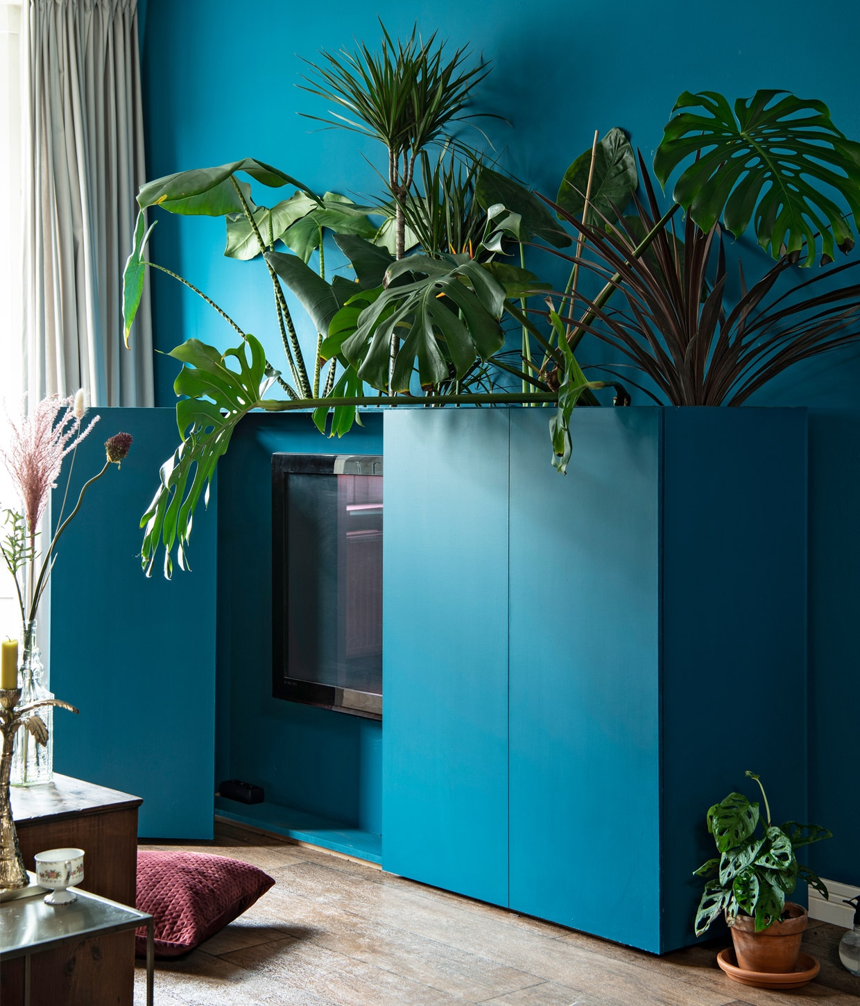 Het tv-meubel annex plantenparadijs is een eigenontwerp van Evy. Kussen Vanilla Fly, herkomst gordijnenonbekend.
