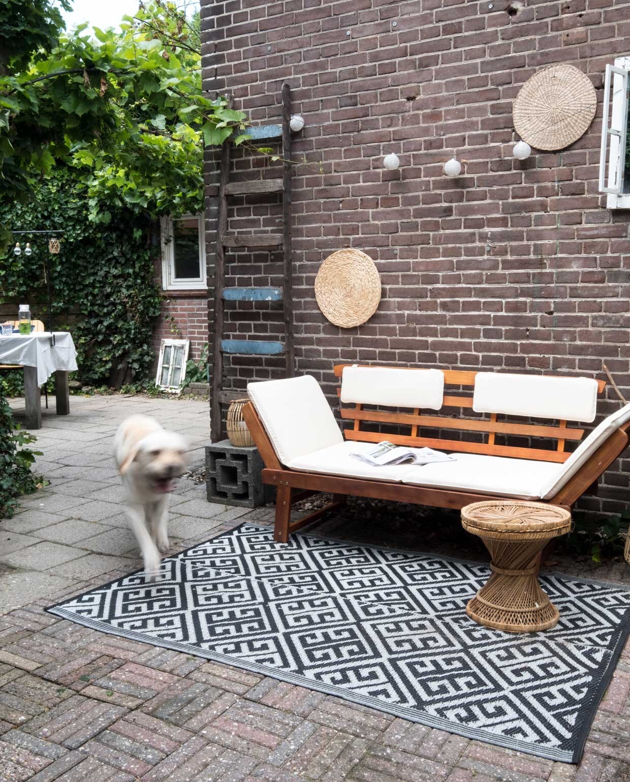 Tuinbank met kussens Blokker, buitenkleed en bijzettafel kringloop, ladder van ouders gekregen, placemats als wanddecoratie Kwantum.