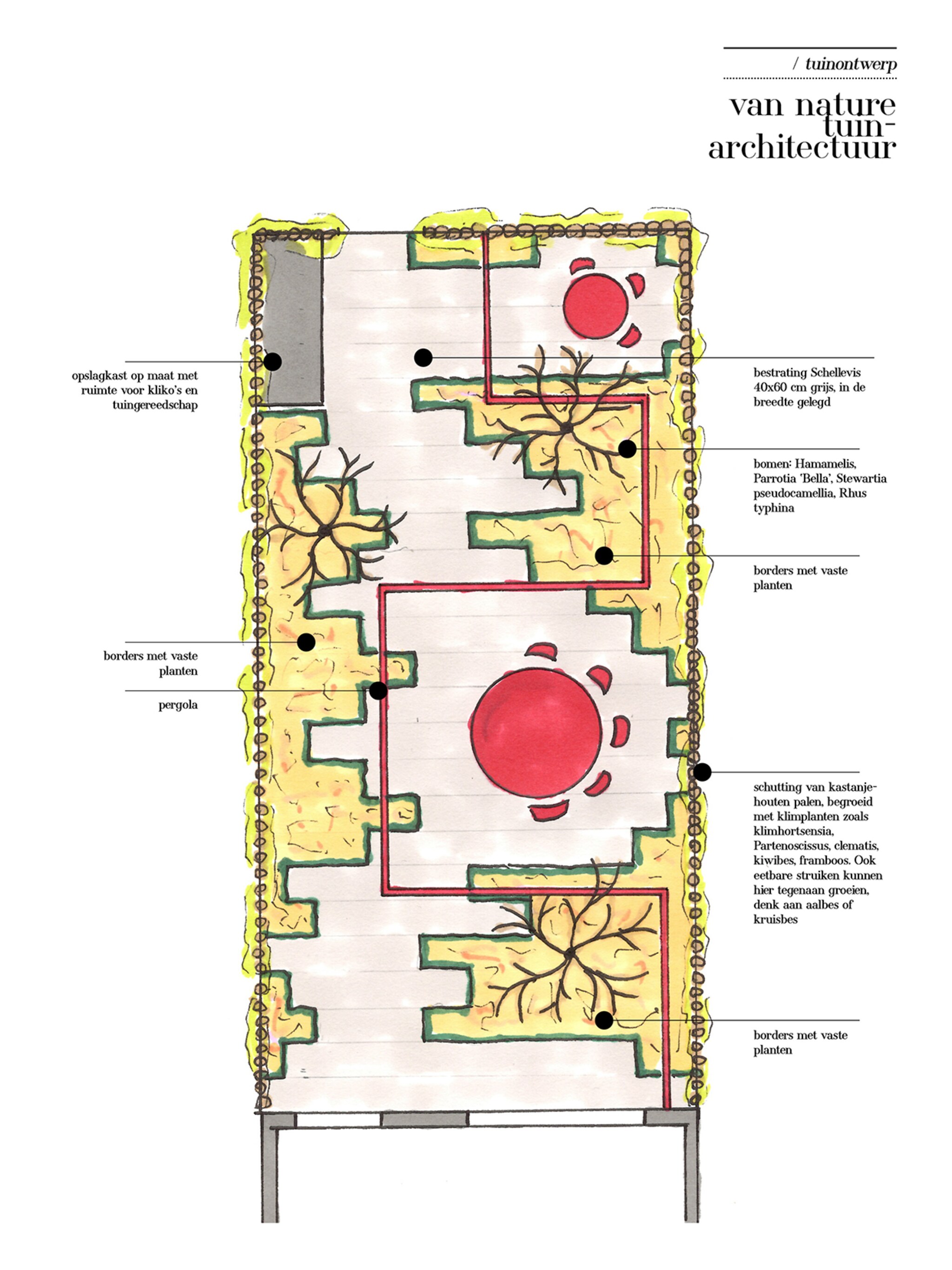 tuinontwerp van 50m2 met een centraal hoofdterras