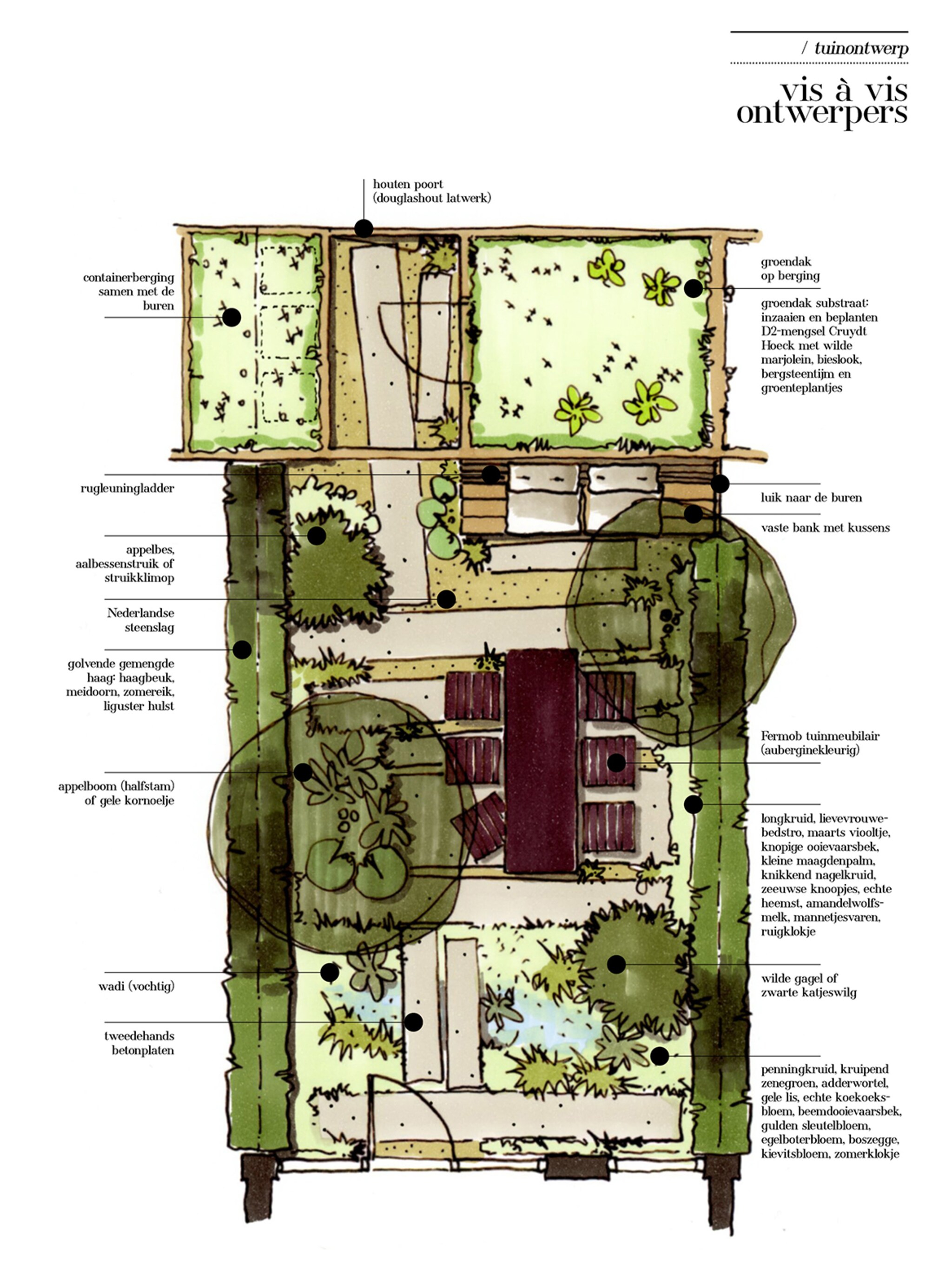 een tuinontwerp voor een weelderige tuin van 50m2