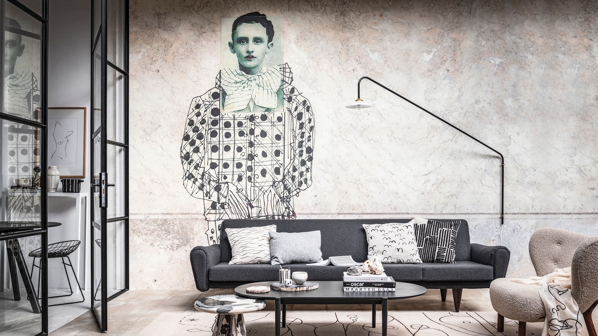 vtwonen achtergrond | teams, skype, zoom | industrieel interieur met muurtekening