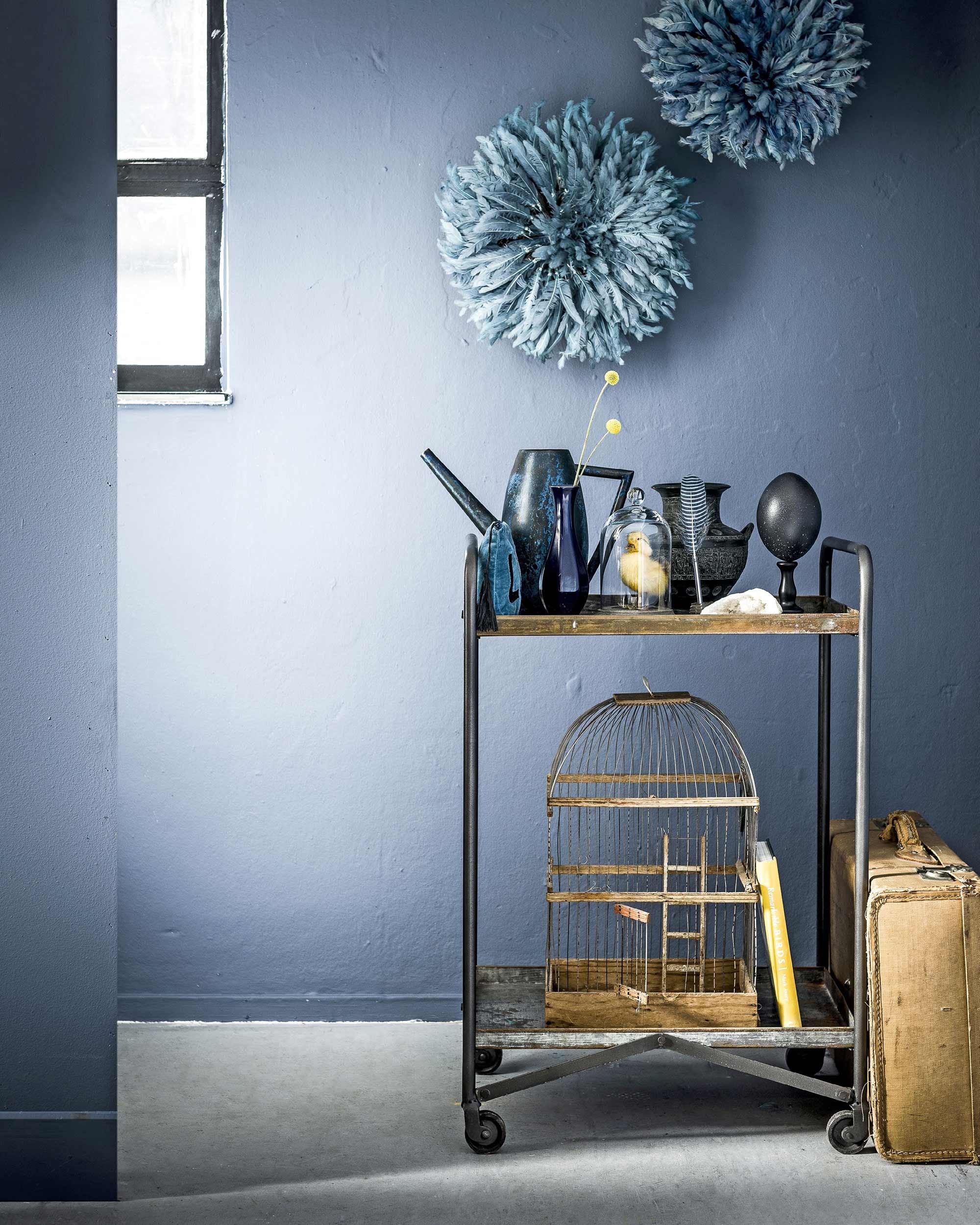 Juniper Ash 115, absolute matt emulsion (Little Greene). Afrikaanse juju hat (Westwing). Trolley van Madam Stoltz (Deens). Koffer, vogelkooi (Burbri Antiek). Boek Remarkable Birds van Mark Avery (bol.com). Blauwe gieter (Bolia). Stolp met kuiken (MaisonNL). Emoe-ei op sokkel (Taxidermy). Fluwelen zakje (Love Stories). Veren pen (Hay Amsterdam). Donkerblauw vaasje, zwarte kruikvaas (kringloop). Natuursteen privébezit.