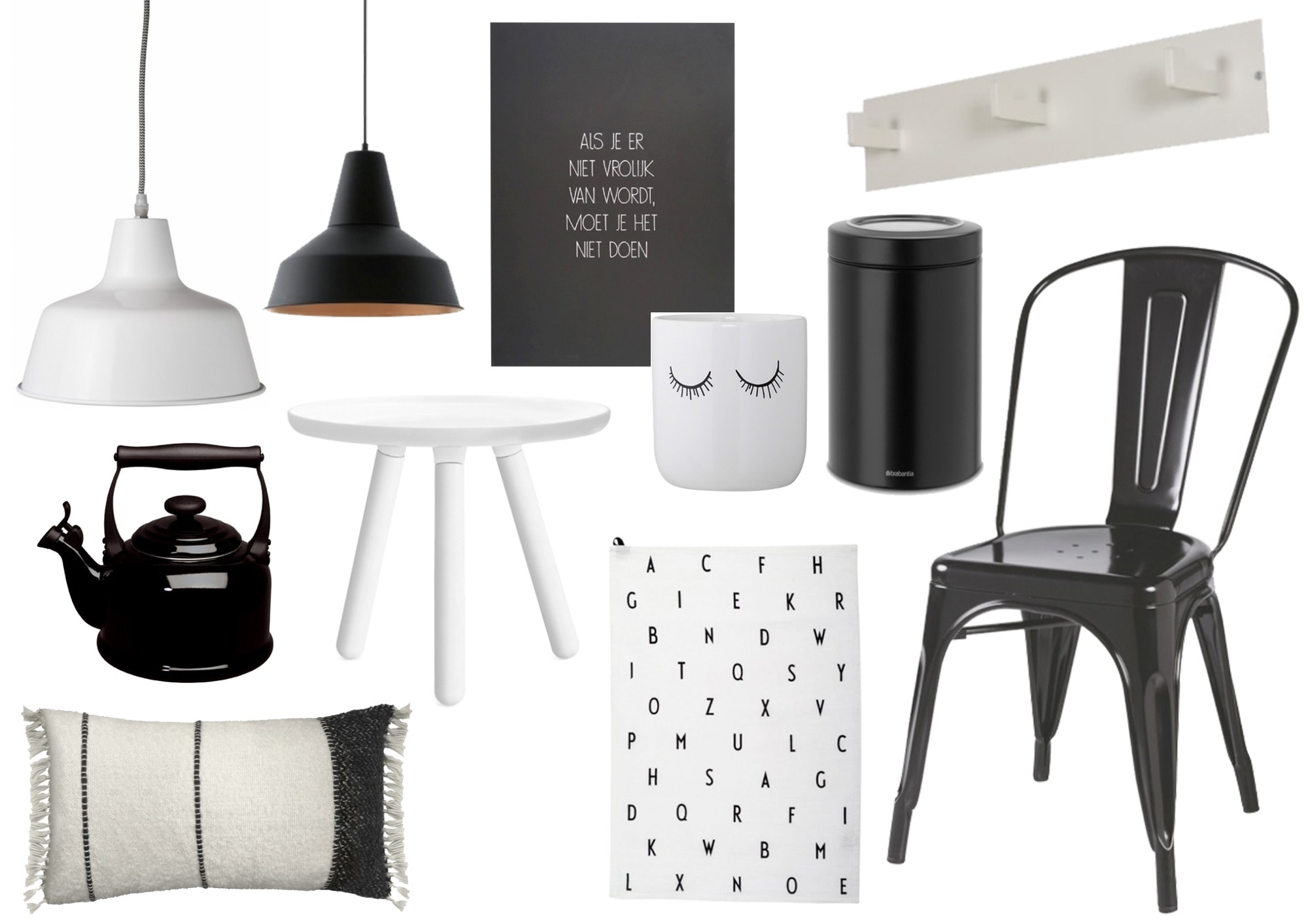 Hanglamp van IB Laursen, hanglamp van Eglo, poster van Zuss, voorraadpot van Bloomingville, voorraadpot van Brabantia, kapstok van Spinder Design, fluitketel van Le Creuset, bijzettafeltje van Normann Copenhagen, kussen van Malagoon, theedoek van AJ Vintage, stoel van Bahne.