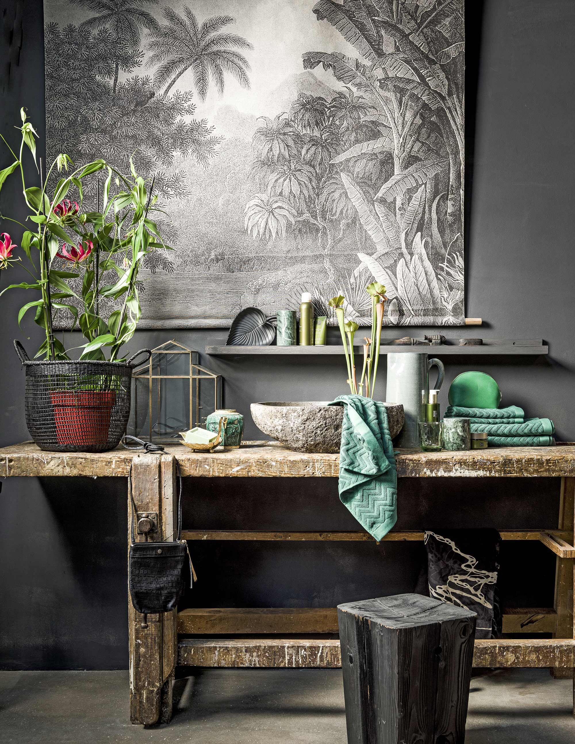 Schoolplaat Jungle (). Zwart mandje, groen marmeren potje, groen marmeren potje met deksel, zeepschaaltje in de vorm van een zwaan, groen glas Diamond (). Grijze karaf, XL (). Badproducten Dao (). Groene toilettas, groene gastendoekjes Jacquard, groene handdoeken Jacquard (). Glazen terrarium, zwart telefoontasje met kroko-dessin, stenen waskom (). Plant Gloriosa en vleesetend plantje Sarracenia (). Zwart bladschaaltje Avtal (). Oude werkbank, Chinees gemberpotje, zwarte shawl privébezit.