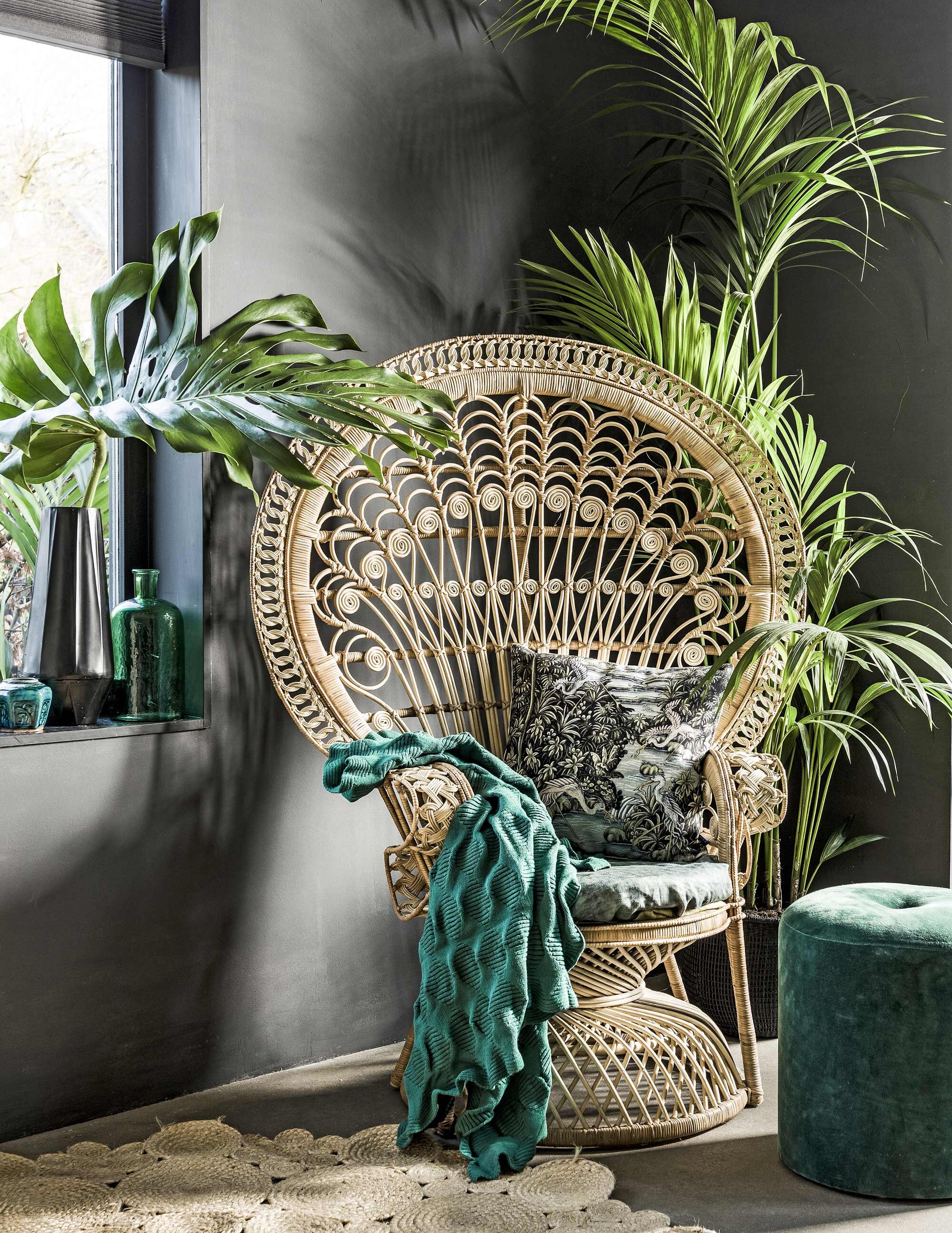 Pauwenstoel, vloerkleed Mandala (). Groene plaid (). Kussen Jungle Life (). Groene fluwelen poef (). Hoge zwarte vaas (). Groene fles (). Groot Monstera-blad (). Palm (). Chinees gemberpotje privébezit. JA | vtwonen 06-2017 | styling Moniek Visser  | fotografie Sjoerd Eickmans