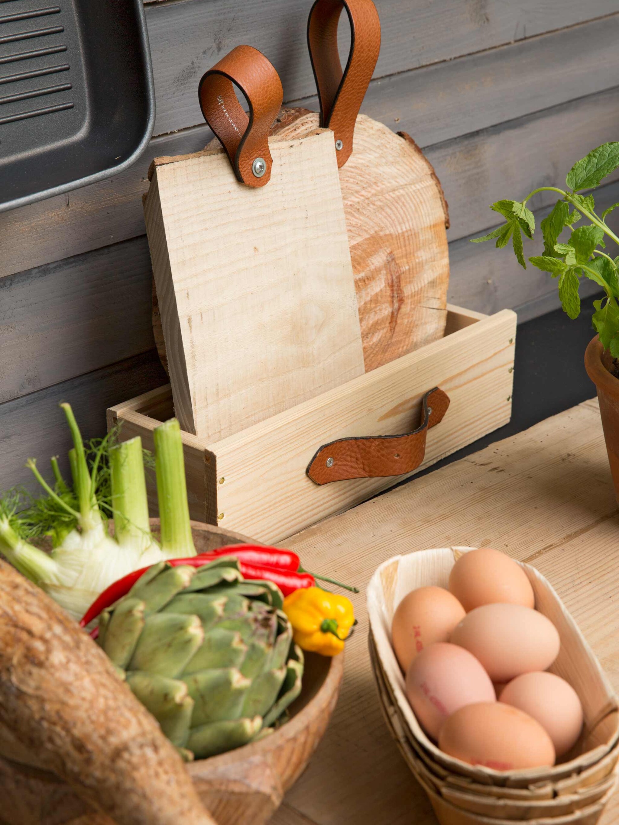 houten blikvangers met leren handgrepen