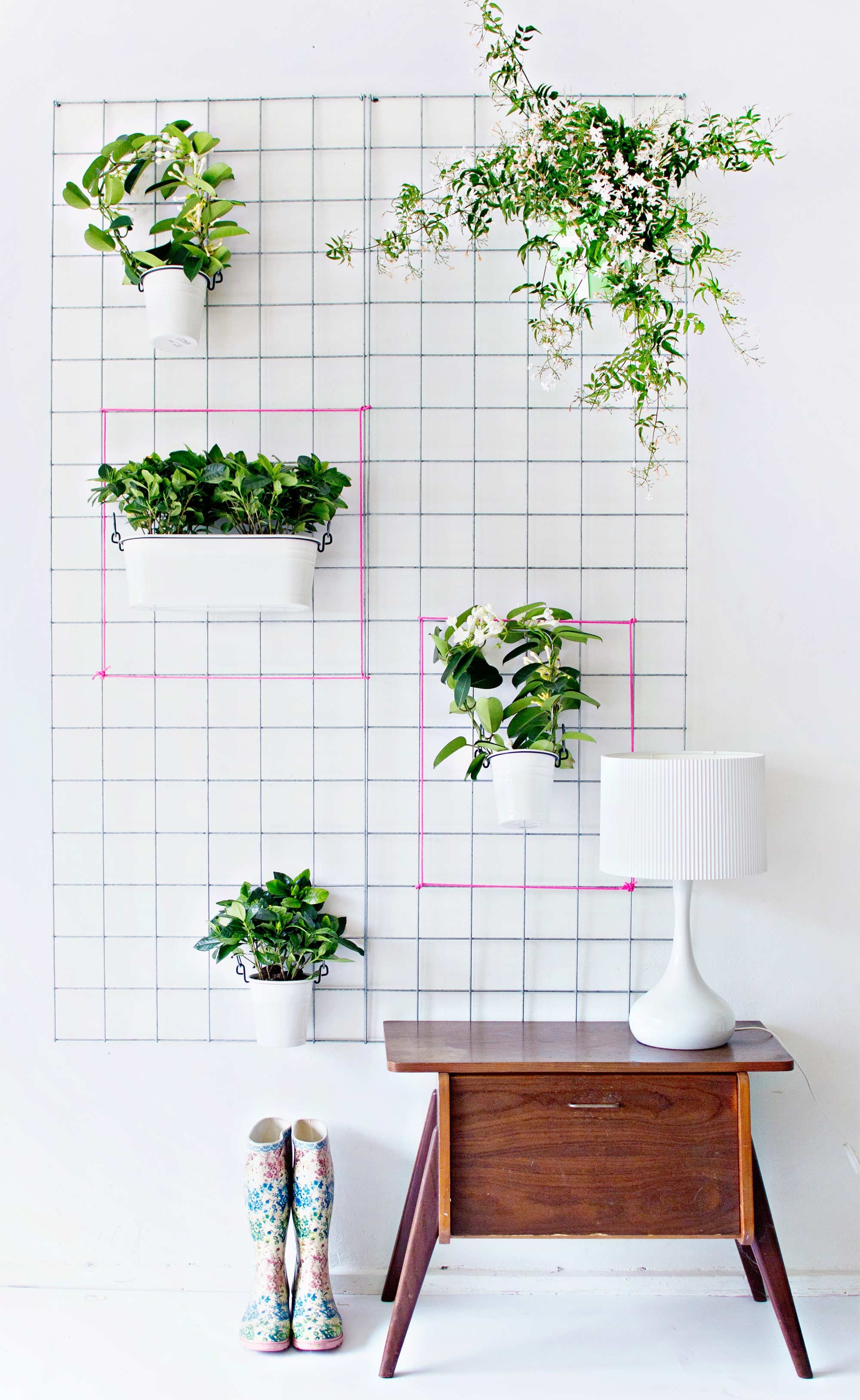Zelfgemaakt wit plantenrek met diverse planten en een bruin houten kastje ervoor