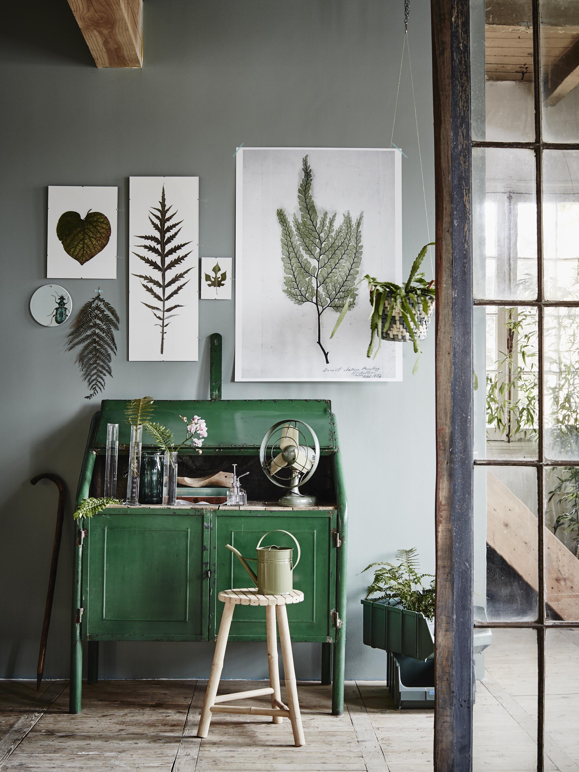 Kast Roanne (). Gedroogde bladeren in lijstjes aan de muur, set van zeven, prijs op aanvraag (). Poster van varenblad, prijs op aanvraag ().  van Bloomingville (Sissy-Boy). Wandel-stok, hoge glazen maat-buizen vanaf ().  uit de vtwonen collectie (vtwonen.nl). Glazen plantenvernevelaar (). Ventilator Velesin (). Bamboe kruk van Tine K Home (). Zinken gieter in olijfgroen (). De muur is geschilderd in Castel Gray nr. 92, Estate emulsion per 2,5 liter ().