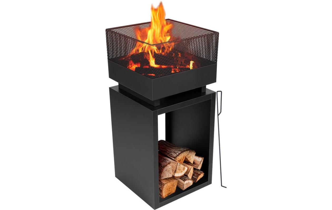 BBQ Collection Vuurkorf - Metaal - Vierkant: 39 x 39 Cm - Hoogte 85 Cm - met Pook en Vonkenscherm - Zwart, € 129,99,- (bol.com). Bol.com