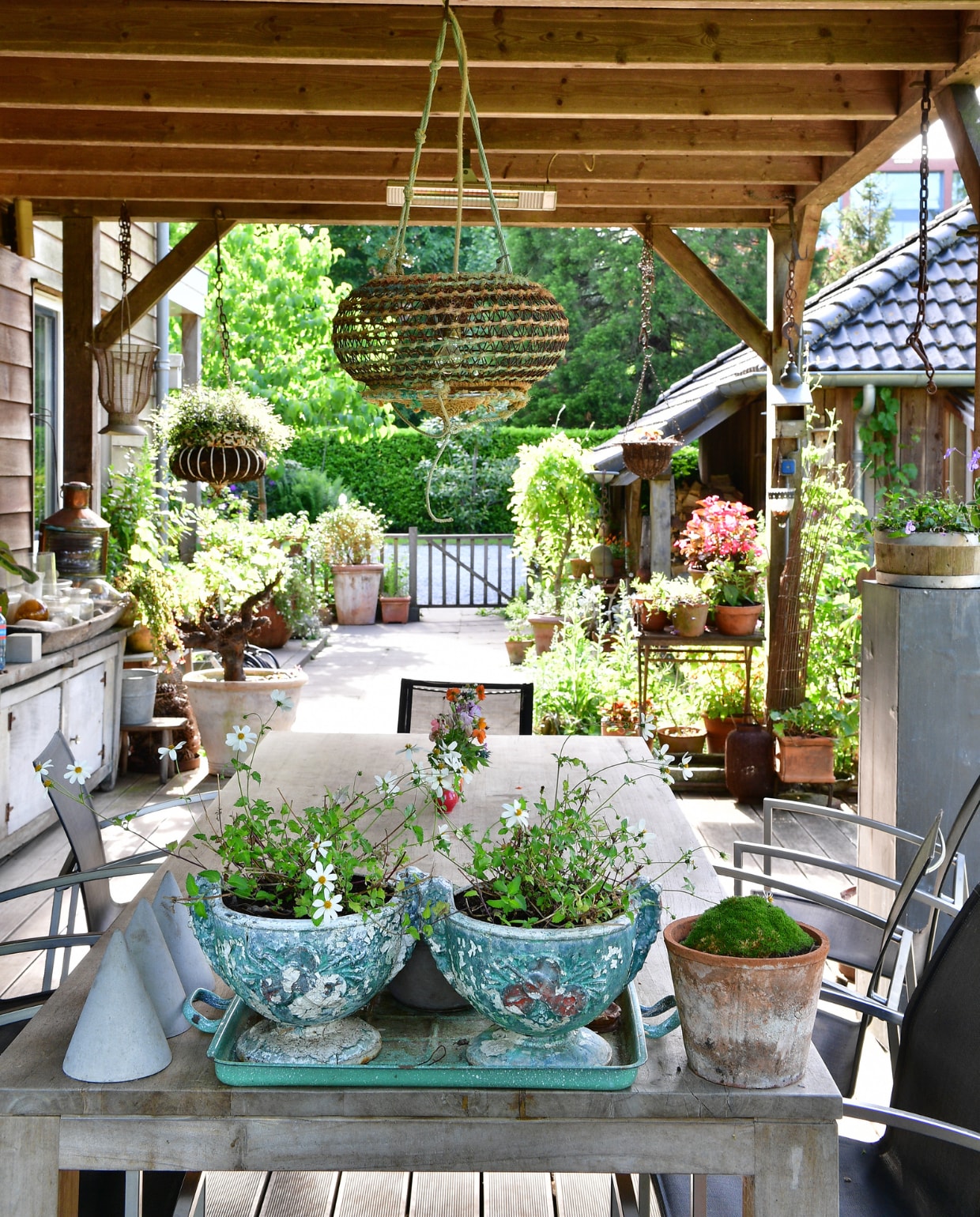 Een fijne plek bij hitte of regen: de veranda, gebouwd van eikenhout. Het huis en deze buitenkamer liggen hoger dan de tuin en hebben dus vrij zicht over het perceel en de enk. In de oude blauwe potten bloeien witte Bidens (tandzaad). Tuinmeubels en accessoires onbekend. vtwonen tuinspecial 8 | fotografie Sietske de Vries
