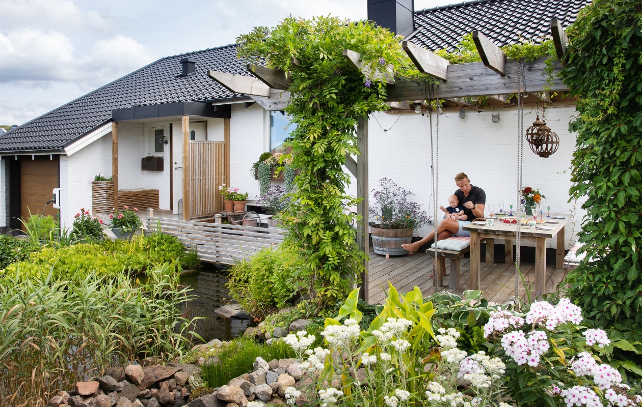 Langs de hele voorkant van het huis loopt nu een houten vlonder met pergoladak, overgroeid met klimop en hop. De ruimte tussen het dek en de haag aan de straat is één groot waterlandschap. Op de voorgrond Siberische edelweiss en vlambloem. vtwonen special tuin 08 | productie House of Pictures | fotografie Anna Örnberg