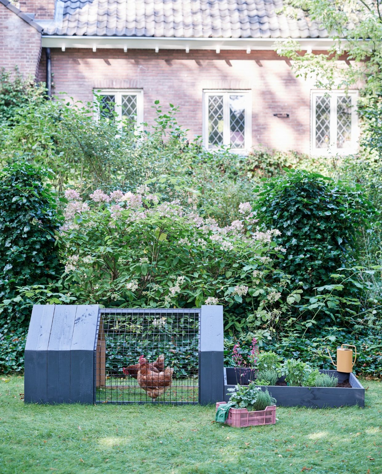 Gieter Grace (loods5.nl). Krat (intratuin.nl). Tuinhandschoenen (dille-kamille.nl). vtwonen 05-2022 TUIN special | DIY | styling Moniek Visser | fotografie Sven Benjamins