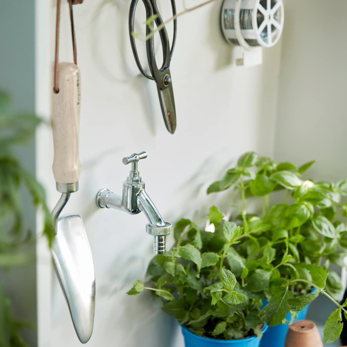 Blauwe emaillen emmer € 6,99, klos zwarte bindbuis € 5,49 (intratuin.nl). Blauwe mokken Tanzi, per stuk € 4,- (kwantum.nl). Verplantschop € 15,95 (dewiltfang.nl). Bloemenschaar € 9,95 (dille-kamille.nl). Theedoek € 2,- (hema.nl). Tuinhandschoenen € 6,95 (karwei.nl). Overig privébezit. vtwonen tuinspecial 8 | productie Corrien Flohil | styling moniek visser | uitvoering spel en buitenkraan Johan Snoodijk | fotografie peggy janssen