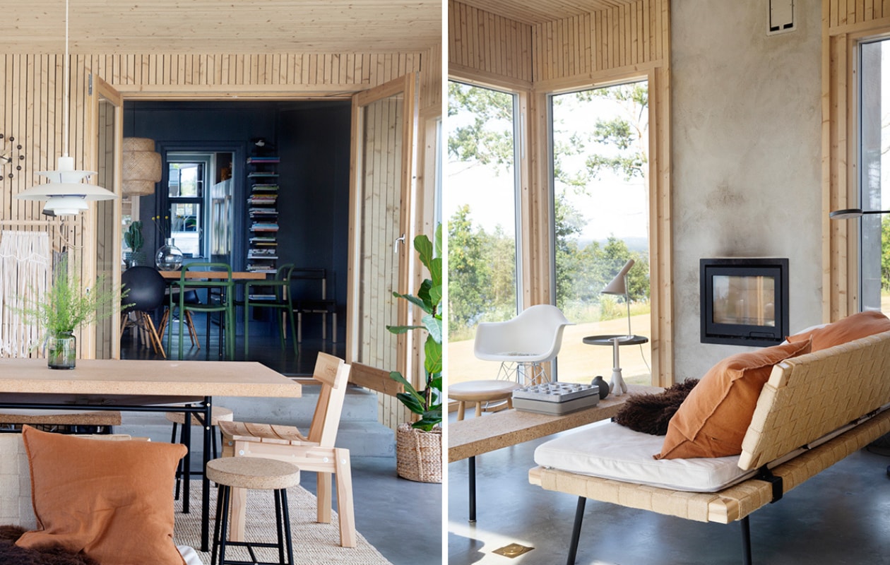 De serre werd nieuw gebouwd en is inmiddels de populairste plek in huis. De natuur is hier altijd dichtbij, zomer en winter. Vloer van beton, de muren en het plafond zijn afgetimmerd met dunne houten latten. Meubels uit de Sinnerlig collectie van Ikea, ontworpen door Ilse Crawford. Kussens van Lagerhaus, Åhléns, H&amp;M Home en Ikea. Witte Eames stoel van Vitra. vtwonen 07-2019 | fotografie Malin