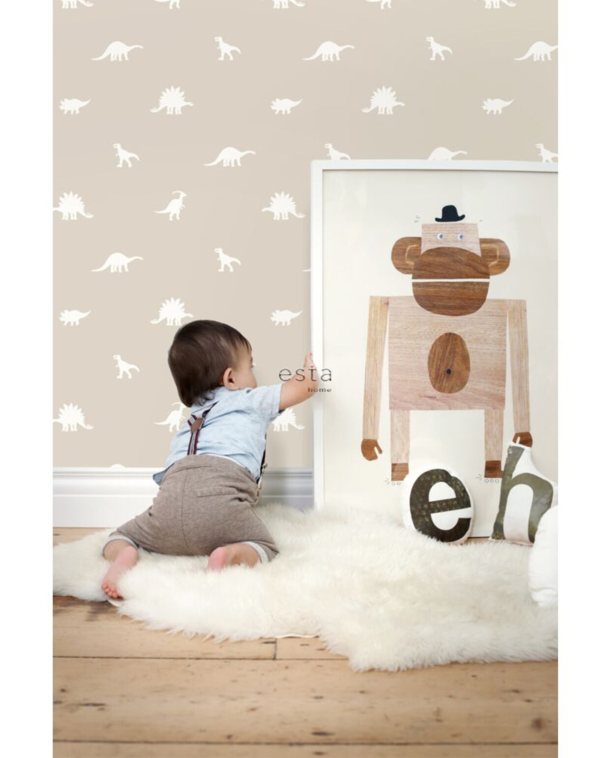 Jongens babykamer behang dinosaurussen van Esta home in beige, 139508 (vtwonen.nl/shop) ESTAhome