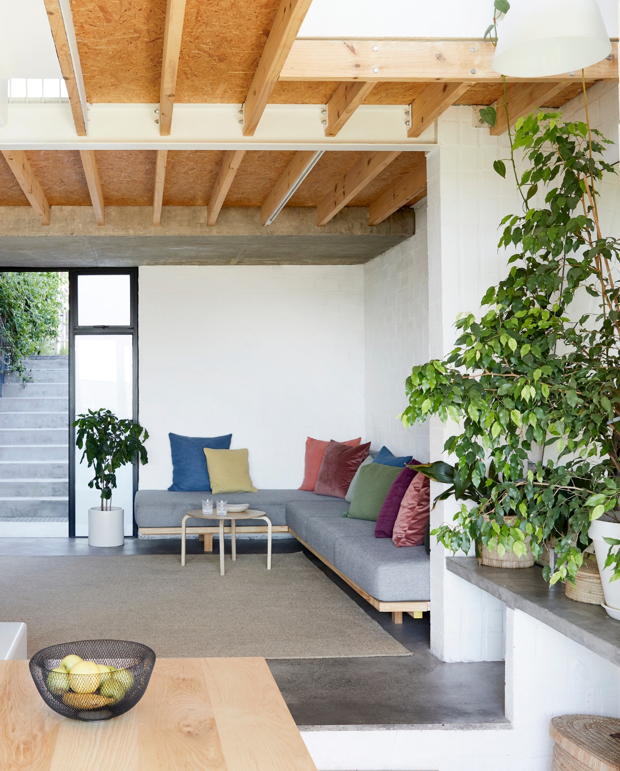 David en Bonnie's huis. Bank en salontafel zelfontworpen en gemaakt door David Long. Plantenpotten tuincentrum. Vergelijkbare fruitschaal Fest Amsterdam. vtwonen special binnenkijken 03-2022 | productie Bureaux | fotografie Warren Heath | styling Sven Alberding