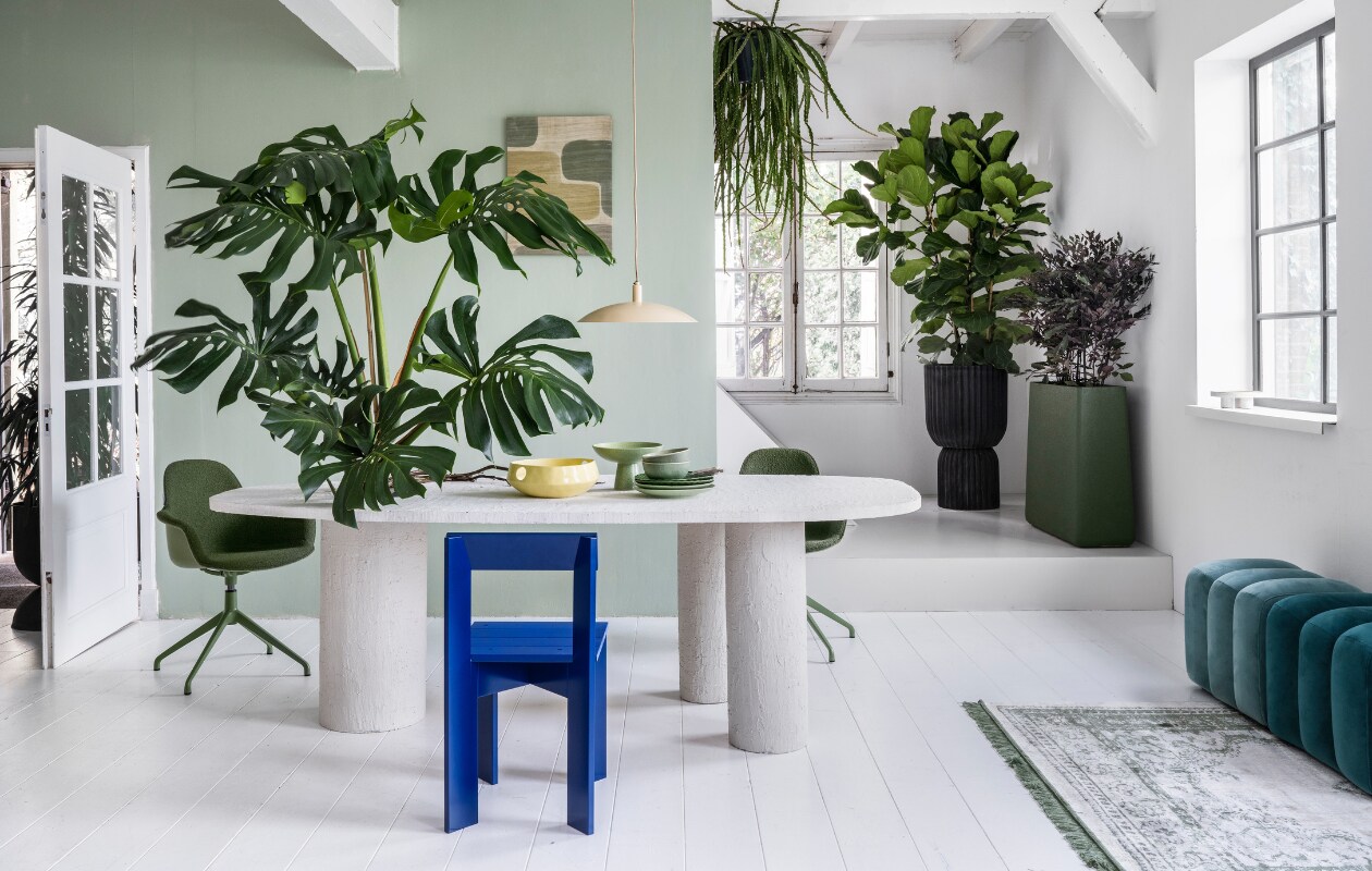 Plant op tafel Monstera € 195,-, hangplant Rhipsalis € 44,95, plant achter Ficus Lyrata € 195,-, pot, 45x88 cm (Øxh) € 295,-, plant Hami € 75,-, pot, 80x25x80 cm (bxdxh) € 495,-, achter de openslaande deur treurvijg € 125,- (bydennis.nl). Muurverf in nr. 58 van Lab Paint, 1 liter € 48,- (vestingh.nl). Tafel, prijs en maat op aanvraag (com-anders.nl). Vloerkleed van Zuiver, 240x170 cm, hanglamp van Urban Nature Culture € 119,- (vtwonen.nl). Draaibare stoel Albert Kuip € 349,- (zuiver.nl). Houten stoel Ark Chair van Ferm Living, 40x78x45,5 cm € 199,- (flinders.nl). Zitelementen € 215,- (loods5.nl). Wandkleed € 81,80 (urbannatureculture.nl). Keramieken geribbeld bord, set van 2 € 22,99,-, gespikkelde dinerborden, set van 2 € 26,99, groene keramieken schaal op voet van HKliving € 54,95 (vtwonen.nl), gele fruitschaal van Urban Nature Culture € 59,95 (urbannatureculture.com). vtwonen 03-2023 | styling Marianne Luning | fotografie Stan Koolen