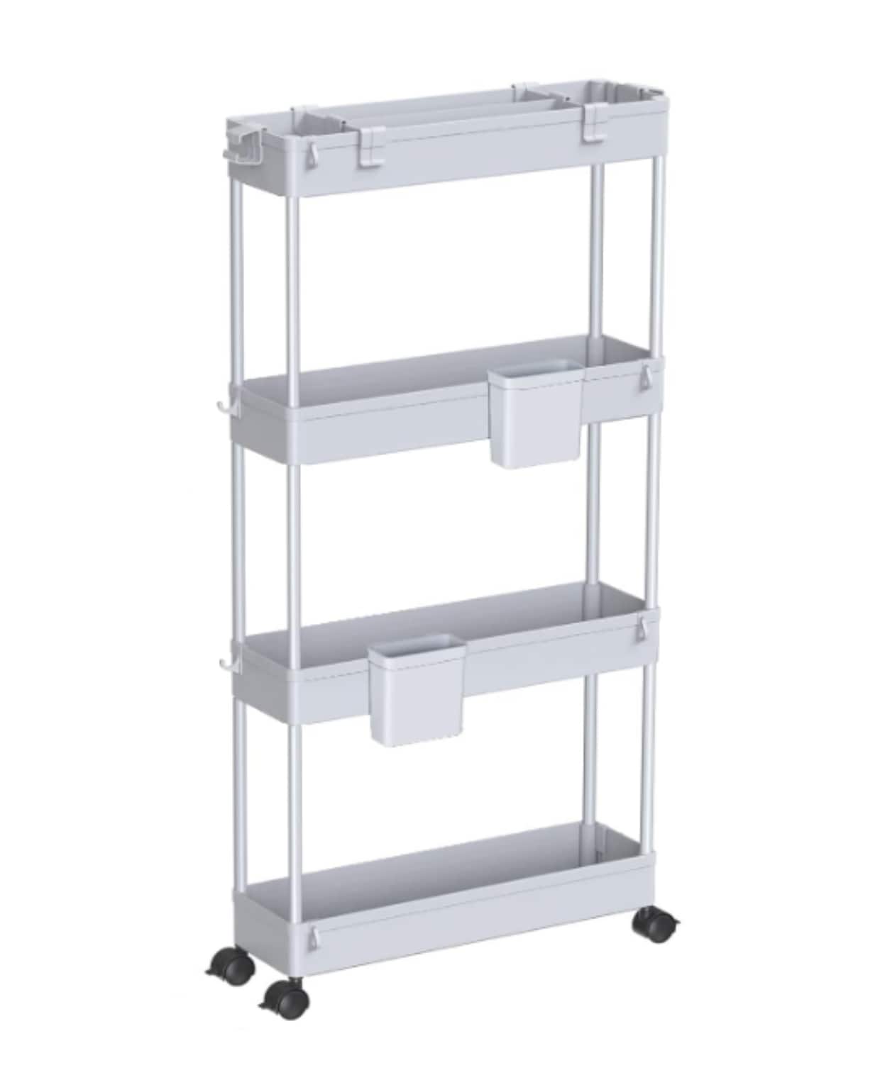 SPACEKEEPER Opbergwagen, trolley met 4 verdiepingen, uittrekbare keukenwagen voor kleine ruimtes met zijhaken, kleine hangmanden, grijs Amazon