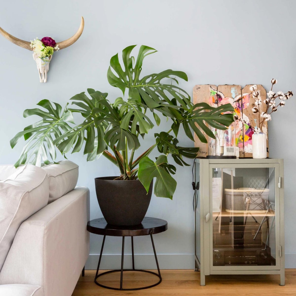 Bijzettafel: Woonboulevard Poortvliet XXL, Plant ‘Monstera’: Scheepstra Bloemen, Schildering op hout: privébezit, Vitrinekastje: Woonboulevard Poortvliet XXL, Koffers: privébezit, Stolp met lamp: Woonboulevard Poortvliet XXL, Vaas: vtwonen.nl, ‘Zakje met licht’: vtwonen.nl vtwonen verbouwen of verhuizen seizoen 2 aflevering 5 |  styling Eva van de Ven | fotografie Barbara Kieboom