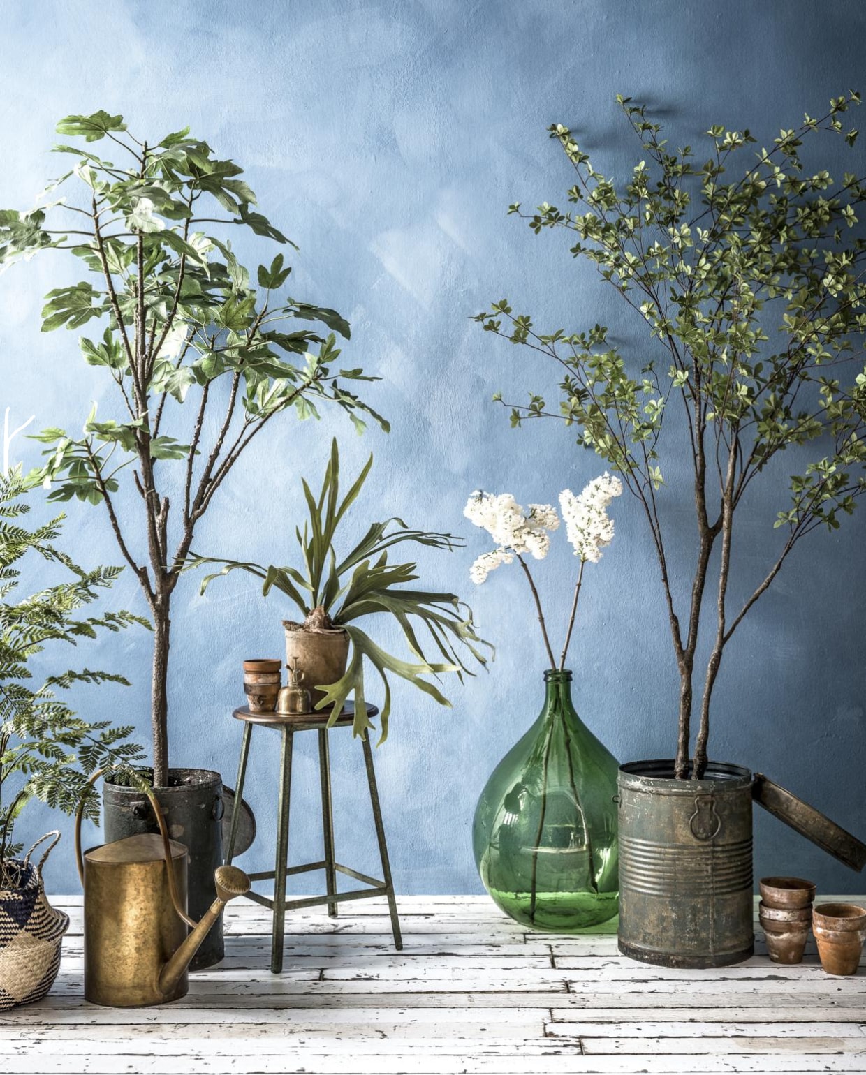 Muurverf in kleur Periwinkle van Bauwerk Color (We Are Wow Makers). Gevlochten mand met blauwe vlakken (Dille &amp; Kamille). Kleine kunstplanten in pot, grote kunstplanten en -boompjes, groene metalen ton met deksel, houten kruk met metalen onderstel (De Weldaad). Messing gieter (Eland&amp;vanderHelst). Oude terracotta bloempotten, witte seringen (Fleurmonde) Messing plantenspuit (Restored). Groene glazen flesvaas (Neef Louis). vtwonen 08-2017 | styling Danielle Verheul | fotografie Sjoerd Eickmans