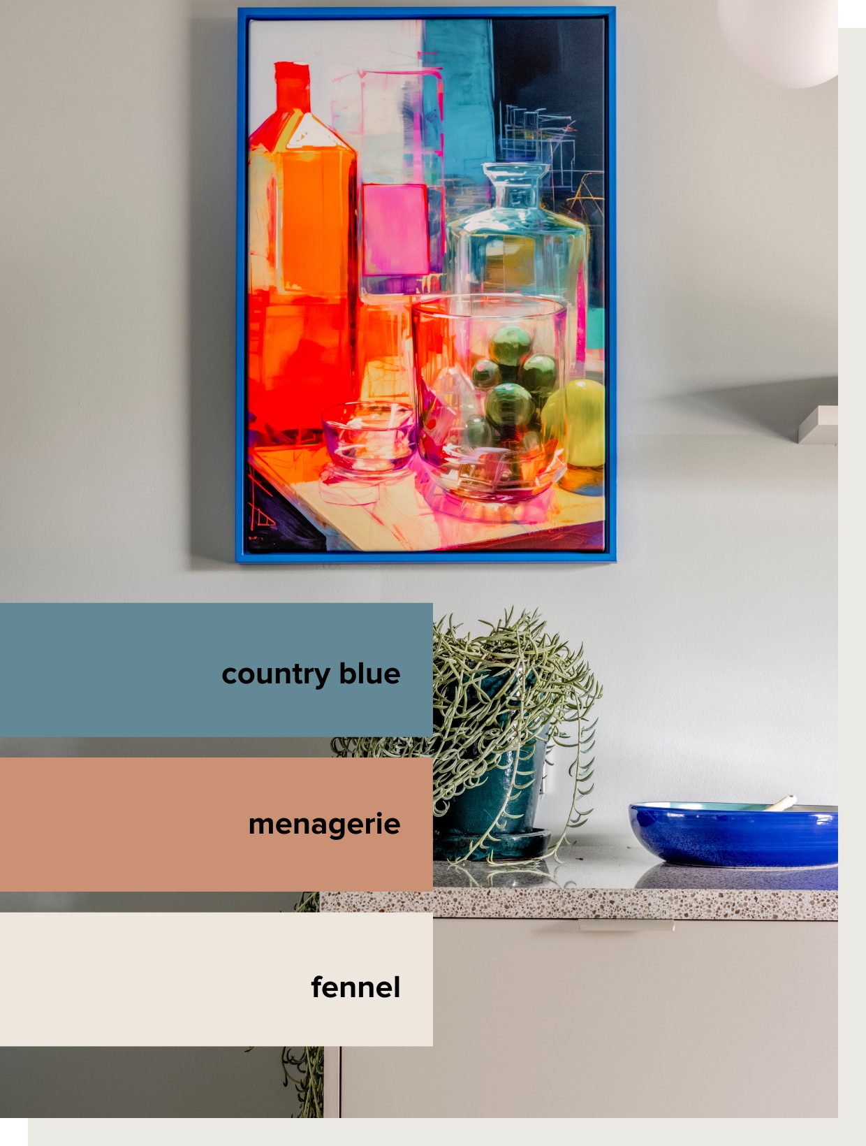 Muurverf Classico Krijtverf in Country Blue, 1 l € 49,45 (pure-original.com). Muurverf Estate Emulsion in Menagerie, 2,5 €  102,- (vestingh.nl). Muurverf vtwonen in Fennel, 2,5 l € 46,99 (karwei.nl). styling Fietje Bruijn | fotografie Sonja Velda