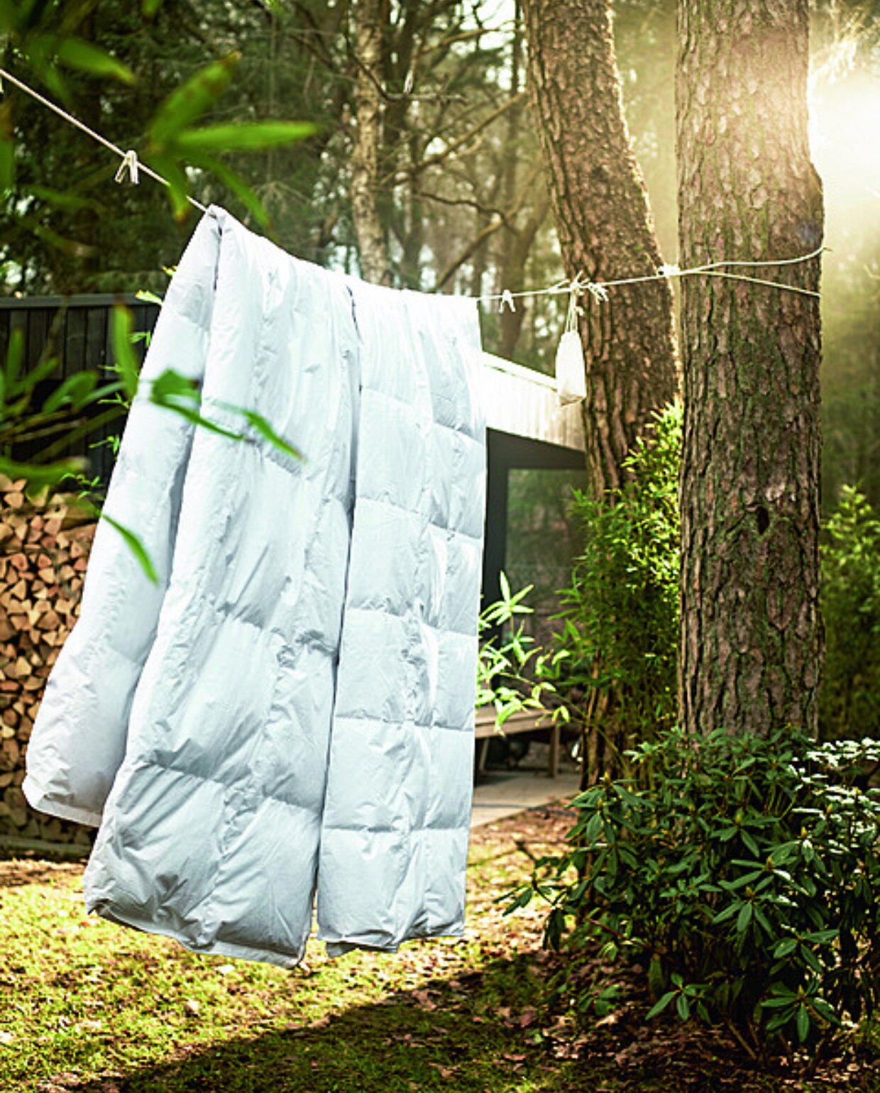 Vierseizoenendekbed Dixxius Green Royal, verkrijgbaar in 140x220 cm, 200x220 cm, 240x220 cm en 260x220 cm, vanaf € 275,-.M.m.v. zarahome.com (wasknijpers). vtwonen 03-2024 | productie Tanja Saarberg | styling Sanne Ketelaar | fotografie Sjoerd Eickmans