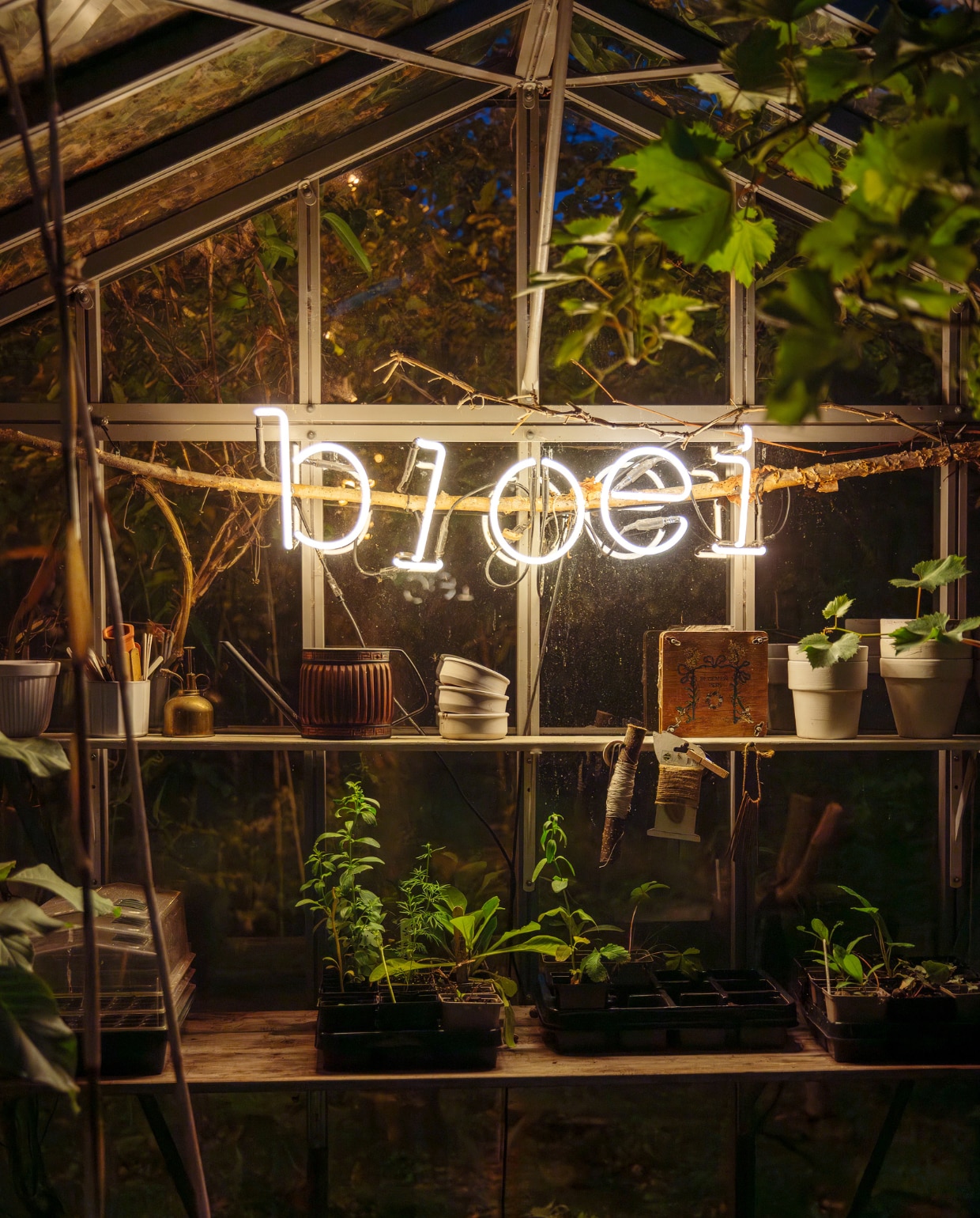 Zomeravond in de kas. Neonletters The Frozen Fountain. vtwonen Tuin 09 | styling Ilona Jongepier | fotografie Dana van Leeuwen