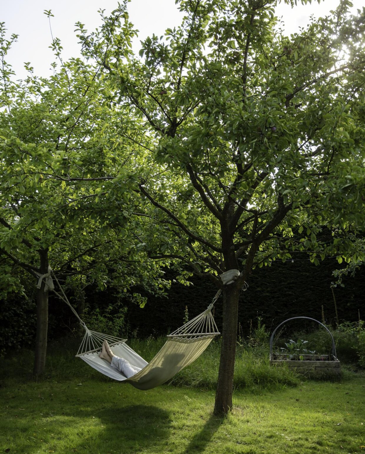 De ultieme plek voor een siësta: de hangmat uit de kringloopwinkel in de kleine boomgaard. vtwonen Tuin 09 | styling Ilona Jongepier | fotografie Dana van Leeuwen