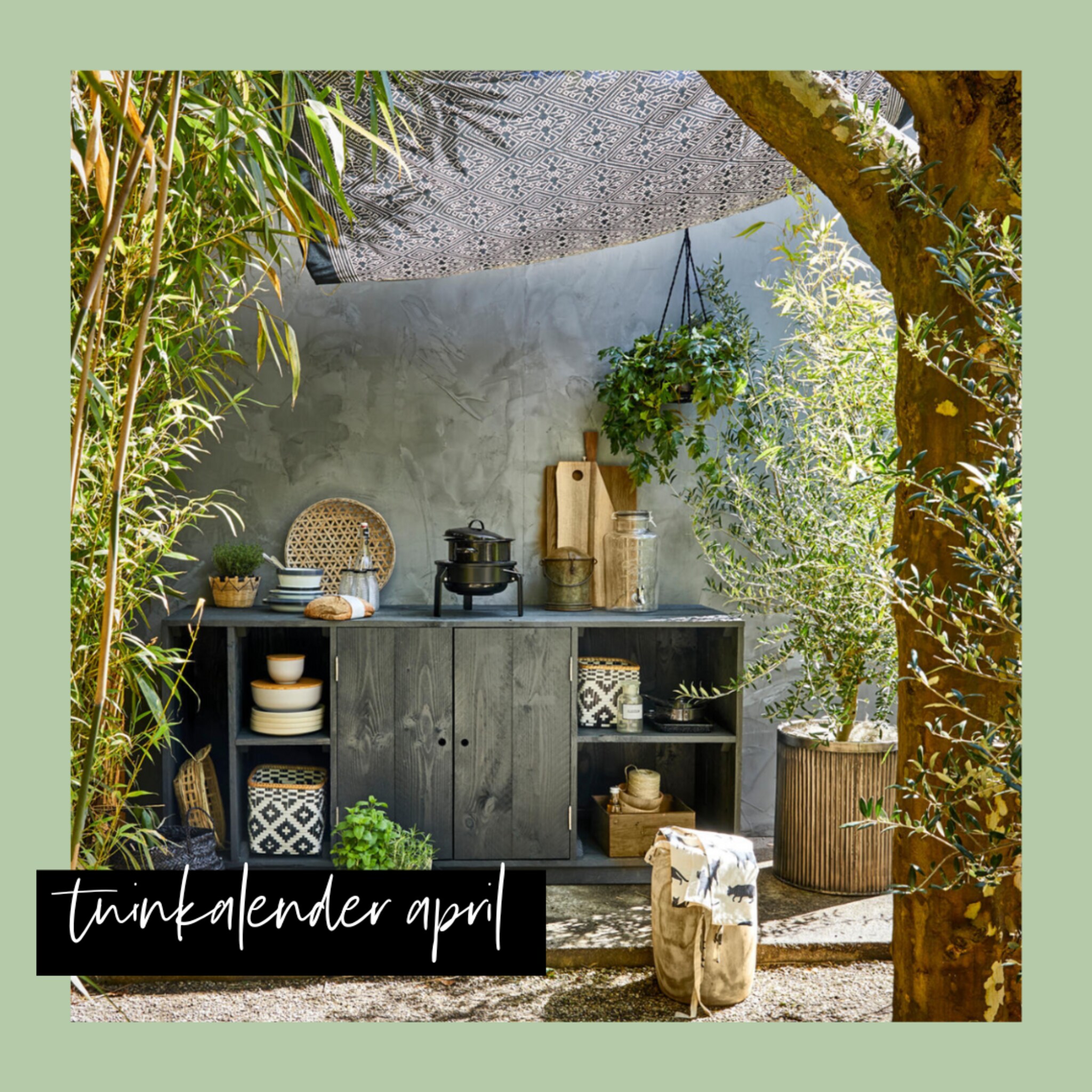 Tuin met grijze buitenkast