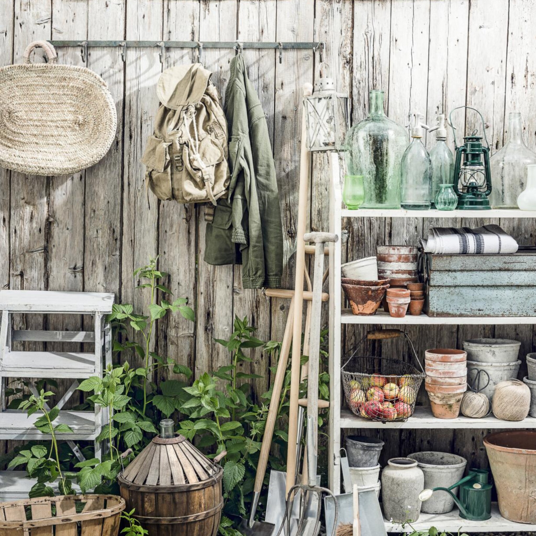 Tuin met kast, gereedschap en tuinspullen