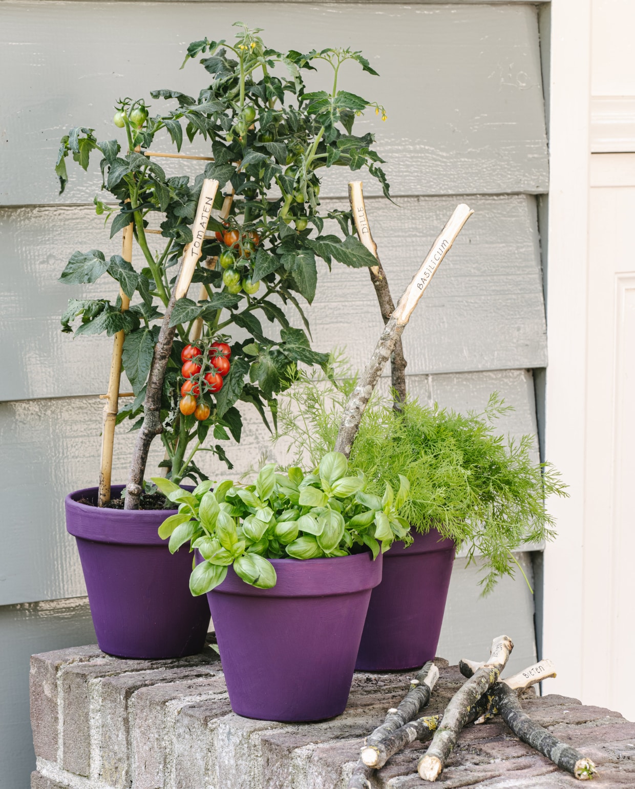 Terracotta potten € 2,49 (intratuin.nl) geverfd met lak Strak op de Muur Buiten Zijdemat in de kleur Vleugje Pinksterbloem, 2,5 liter € 50,49 (flexa.nl). vtwonen Tuin 09 | productie Corrien Flohil | styling Moniek Visser | uitvoering Johan Snoodijk | fotografie Denise Pronk
